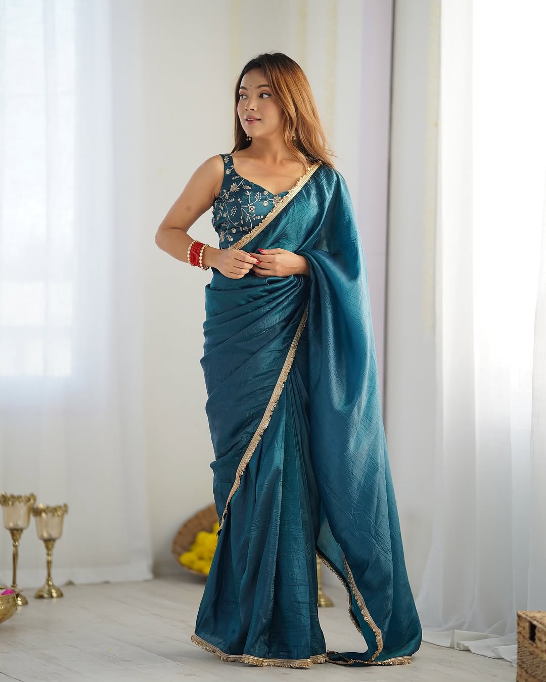 New One Minute Ready To Wear Pure Soft Gold Crush Silk Blue Saree With Beautiful Gold Colour Lace Border With Same Design Full Stiched Blouse