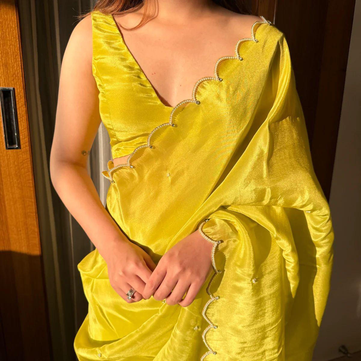 New One Minute Ready To Wear Pure Soft Chinnon Silk Saree With Same Colour stiched Blouse