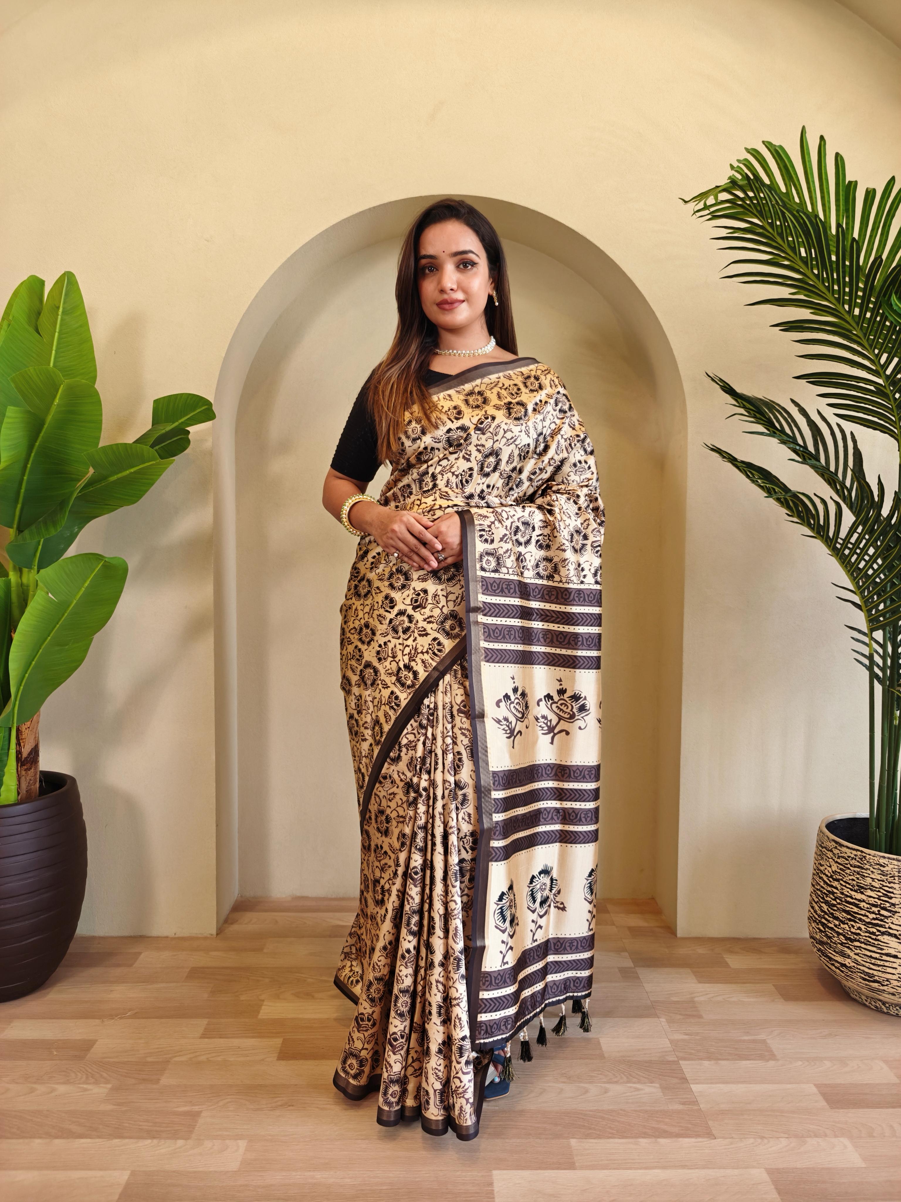 New Designer Pure Dola Viscose Cream Saree With Premium Viscose Zari Patta With Unstiched Blouse Piece