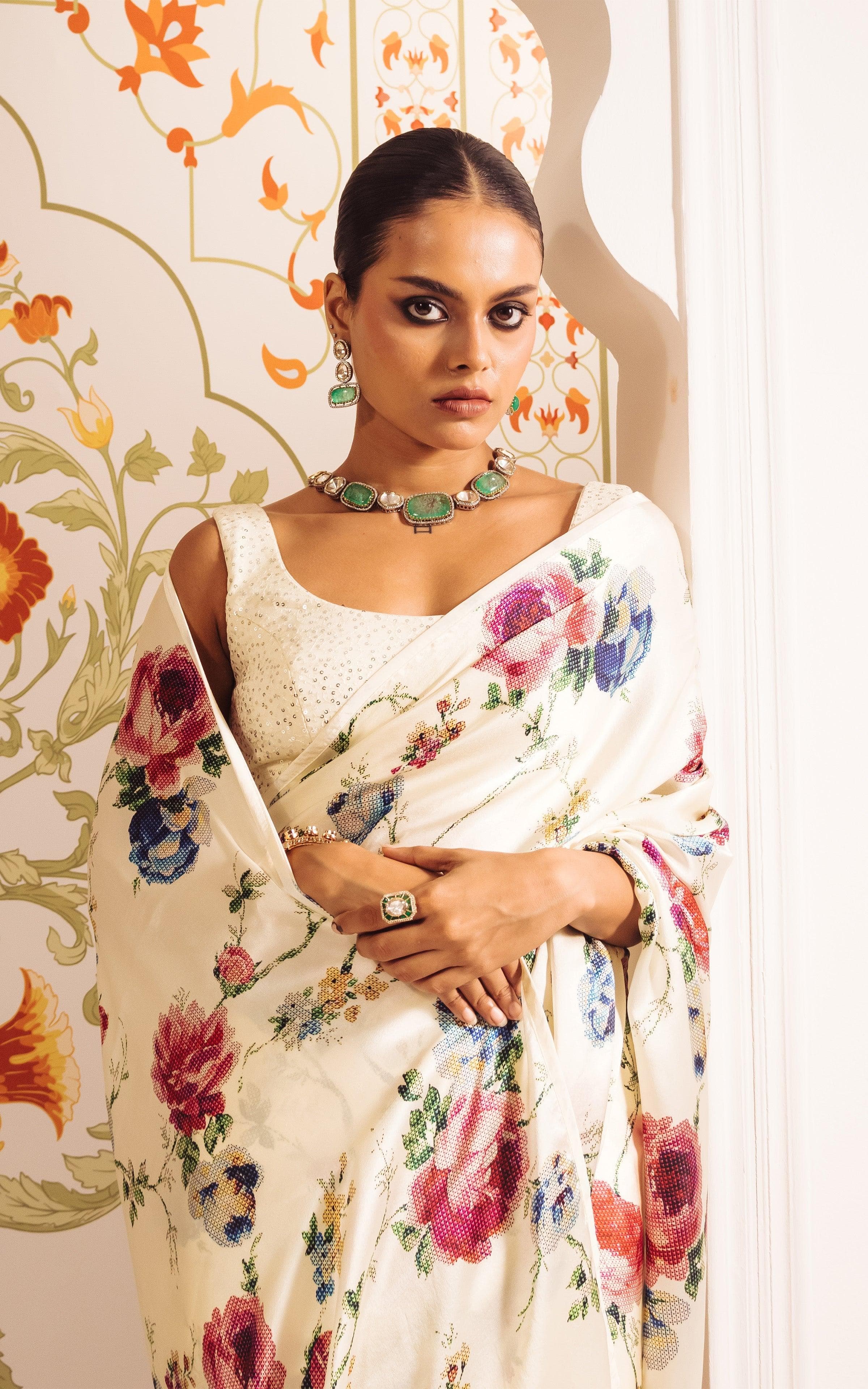 New Premium Japan Satin Digital Printed Designer Off White Saree With Unstiched Blouse