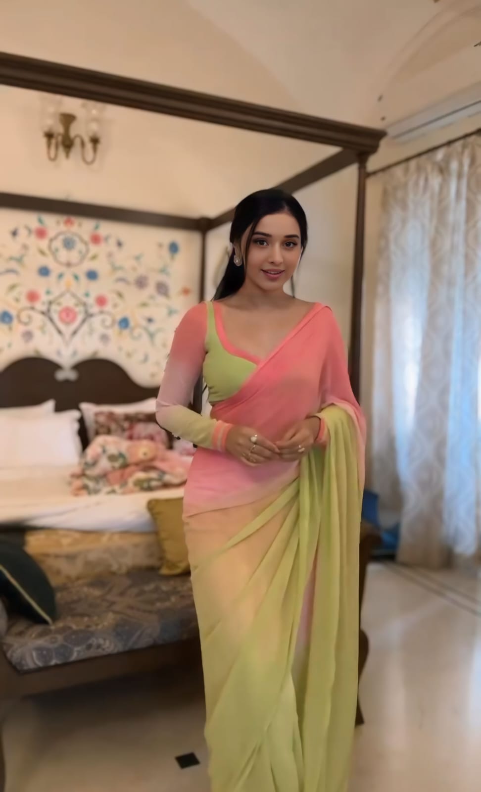 One Minute Ready To Wear Timeless Tradition Pink and Green Ensemble Saree with Unstitch Blouse