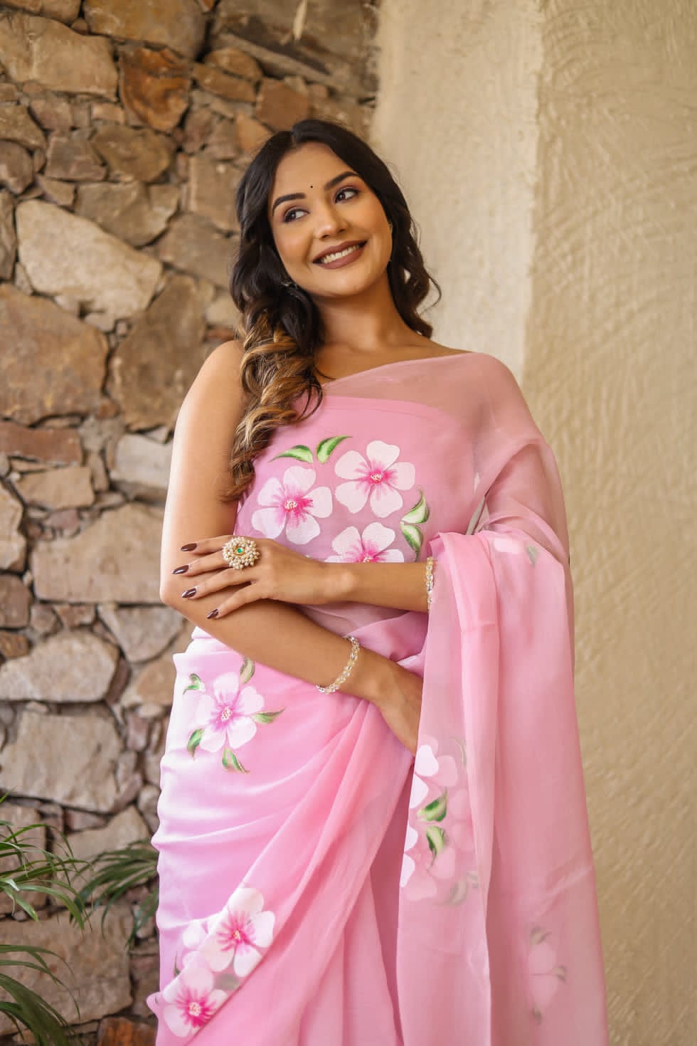 New One Minute Ready To Wear Pink Colour Pure Soft Georgette Multi Colour Flowered Design Saree With Pink Unstitched Blouse