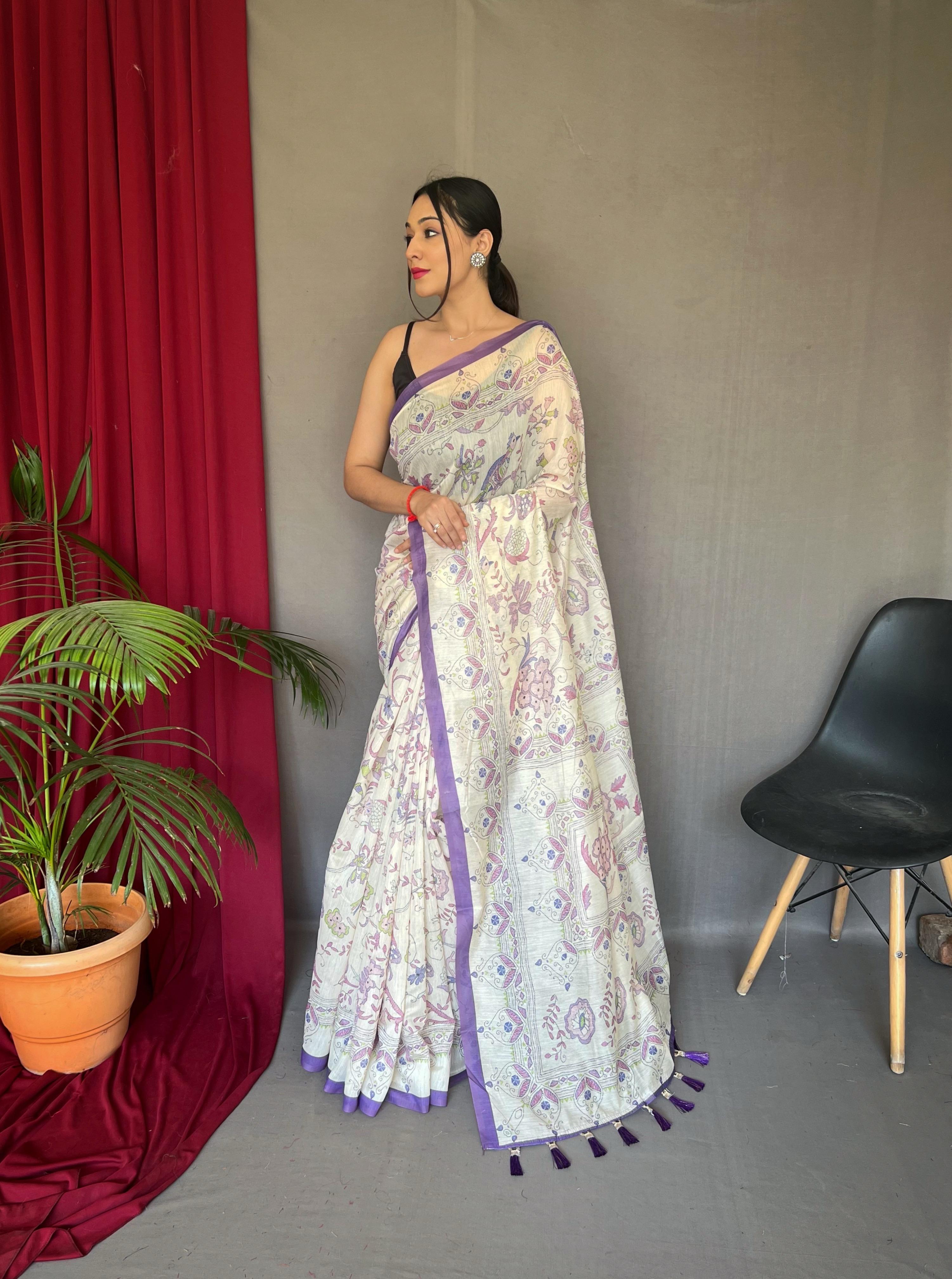 New Designer Pure Soft Malai Cotton Katha Printed Saree With Contrast Border And Printed Unstiched Blouse Piece - Purple
