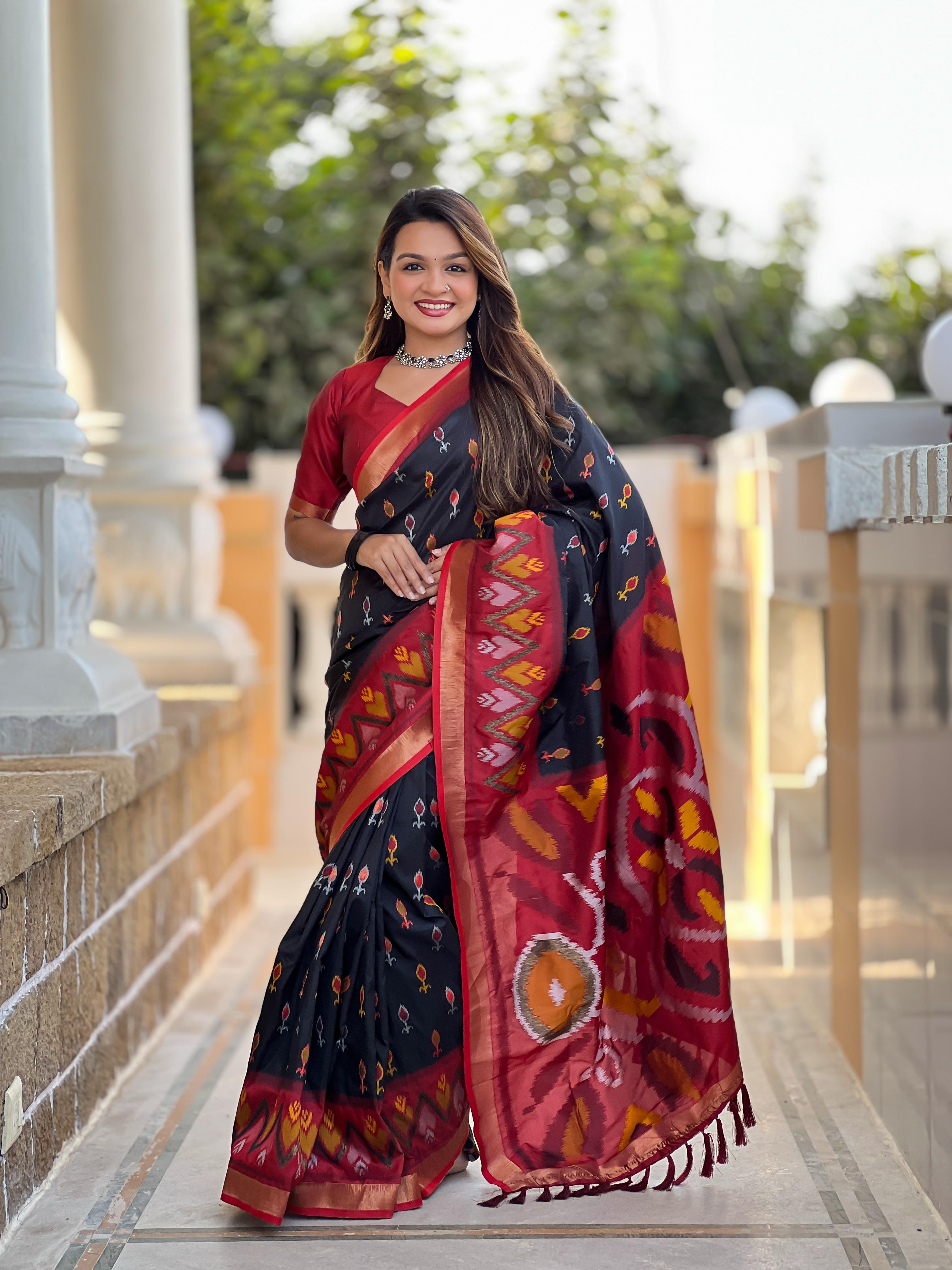 New Designer Ikkat And Patola Weaving Concept Black Silk Saree With Contrast Rich Pallu And Unstiched Blouse Piece