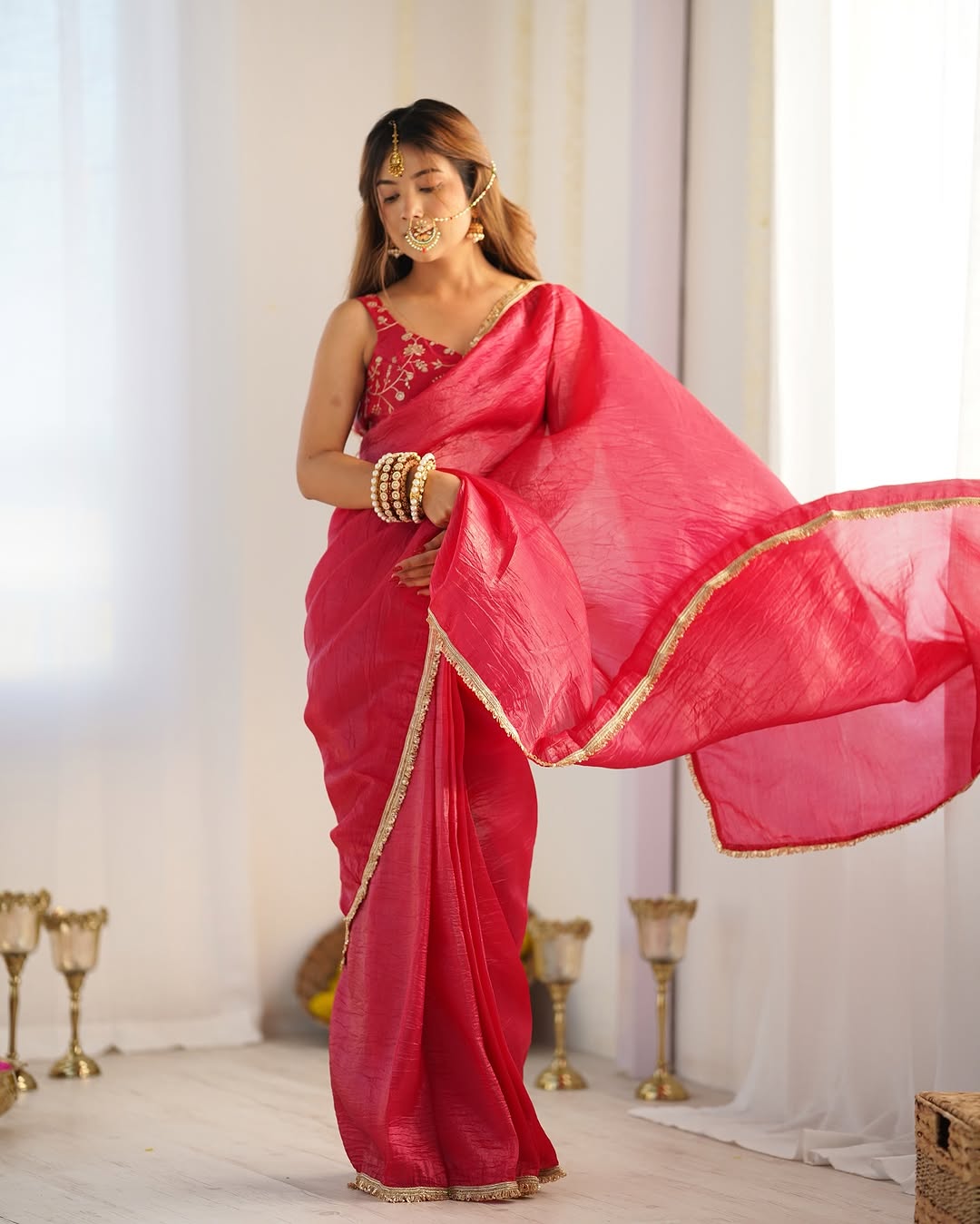 New One Minute Ready To Wear Pure Soft Gold Crush Silk Pink Saree With Beautiful Gold Colour Lace Border With Same Design Full Stiched Blouse