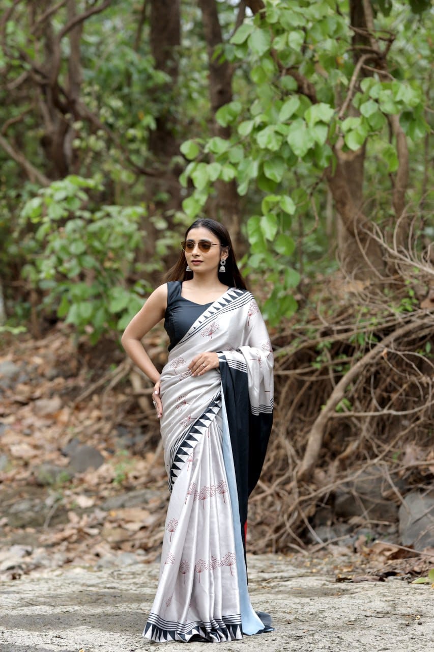 New Designer Original Japan Satin Devsena Saree With  Digital Print With Digital Printed Unstiched Blouse Piece