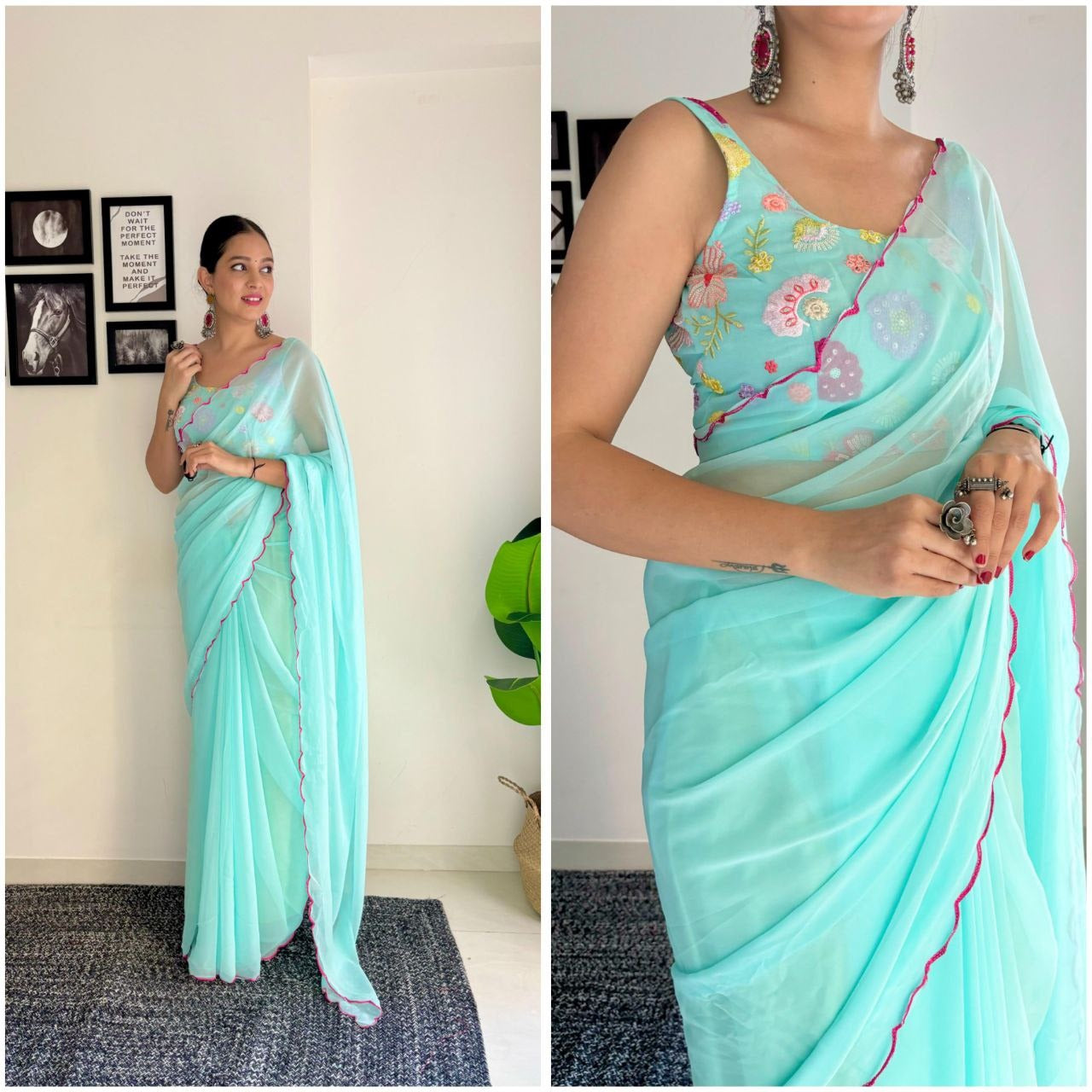 One Minute Ready To Wear Celestial Sky Blue Elegance Pure Soft Georgette Silk Saree