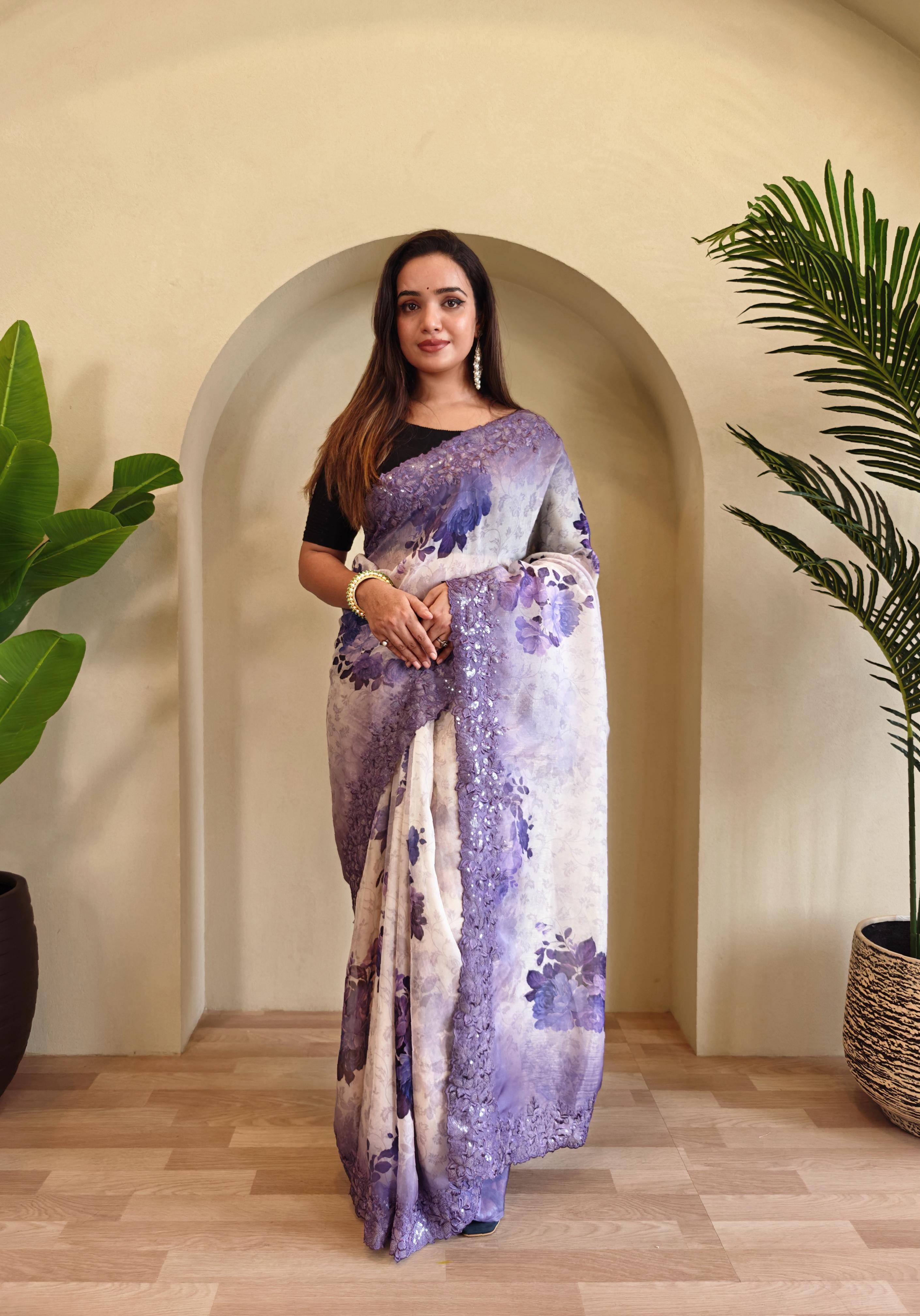 New Designer Hand Crafted Magicgold  Digital Print And Viscose - Sequins Embroideried  Organza Saree With Negative Printed Unstiched Blouse piece - Purple