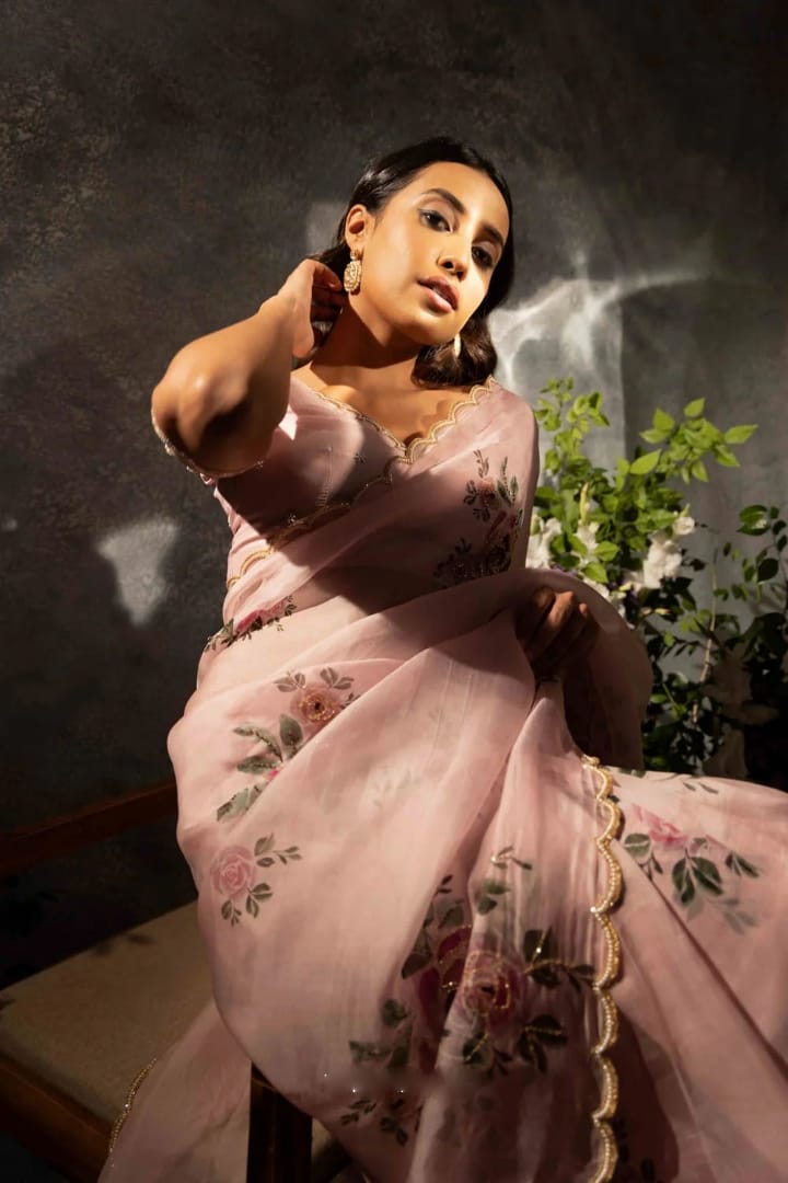 One Minute Ready To Wear Pure Soft Organza Silk Pastel Pink Saree With Moti and Val Work With Same Handworked Stiched Blouse