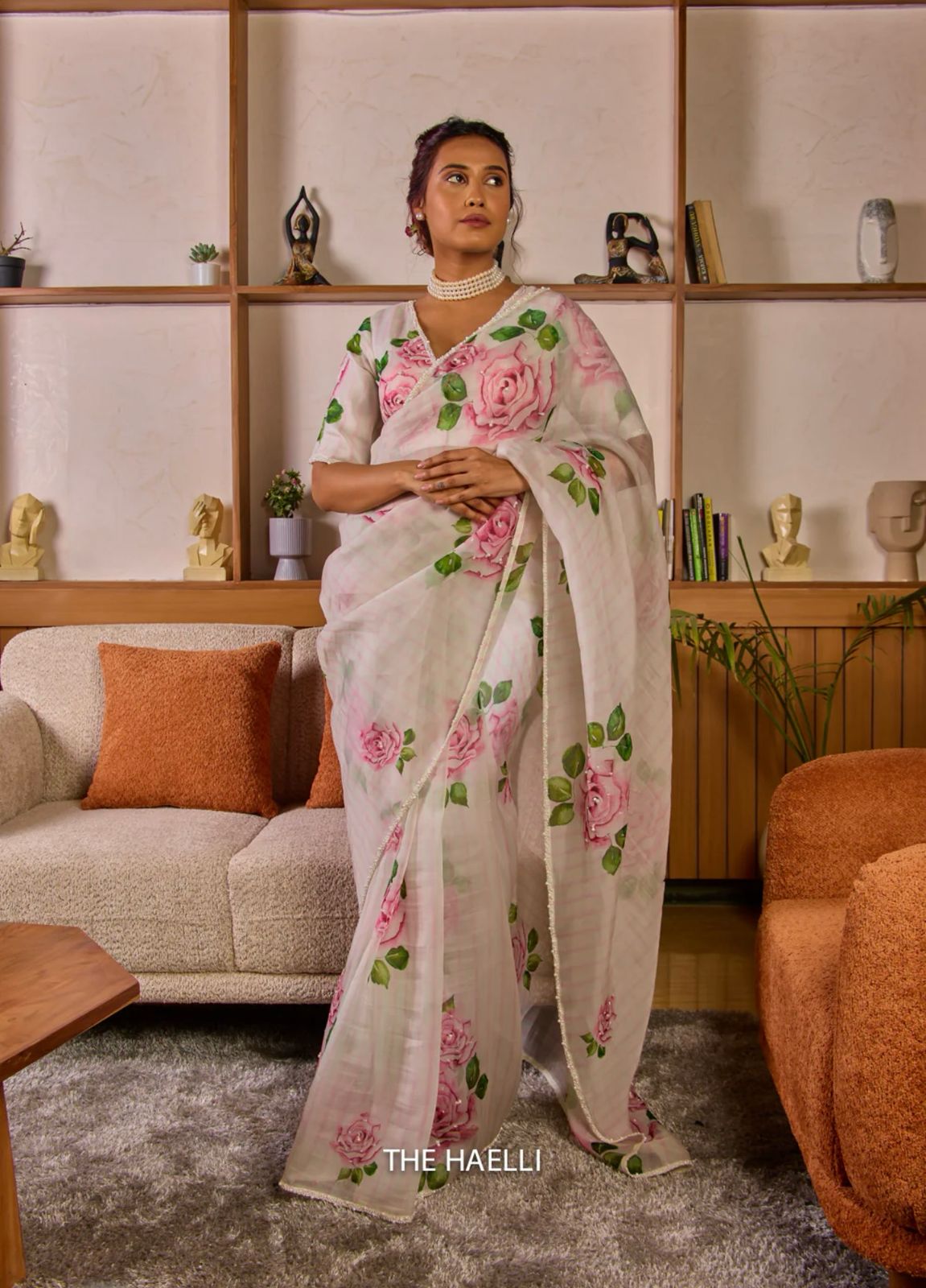 New Designer Floral Hand Worked Tebby Slik Saree With Floral Printed Pearl Hand-Worked Sleeveless Stiched Blouse