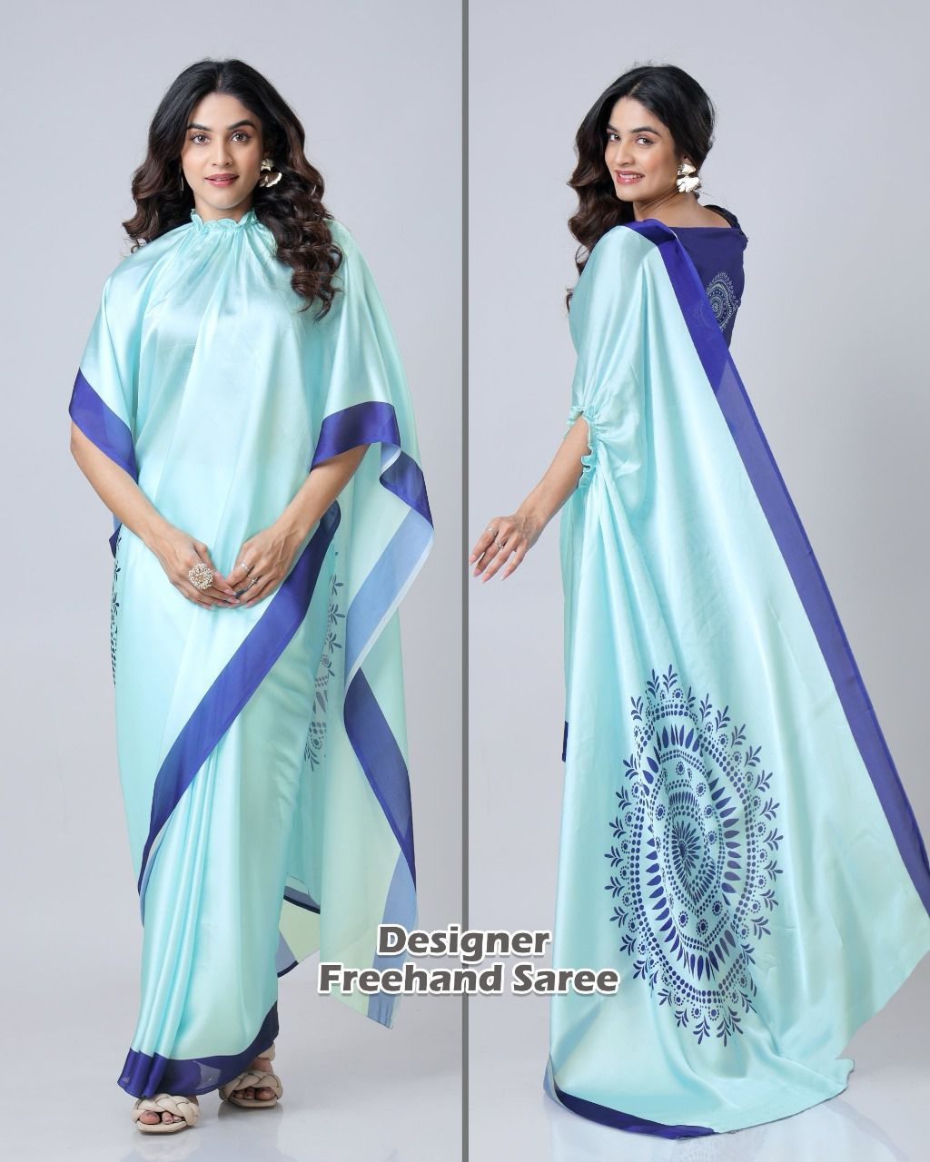 New One Minute Ready To Wear  Heavy Crepe Silk  Free Hand Saree With Beautiful Digital Print With Running Crepe Silk Unstiched Blouse Piece - Ocean Blue