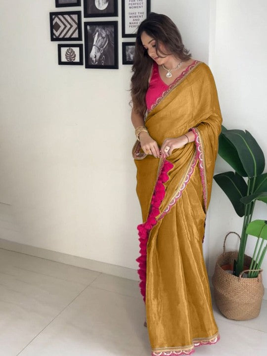 New designer Pure Errode Silk Gold Saree With Beautiful Pink Embroidery Lace Border With Same Modeling Embroidery Sequence Lace Border Blouse Piece