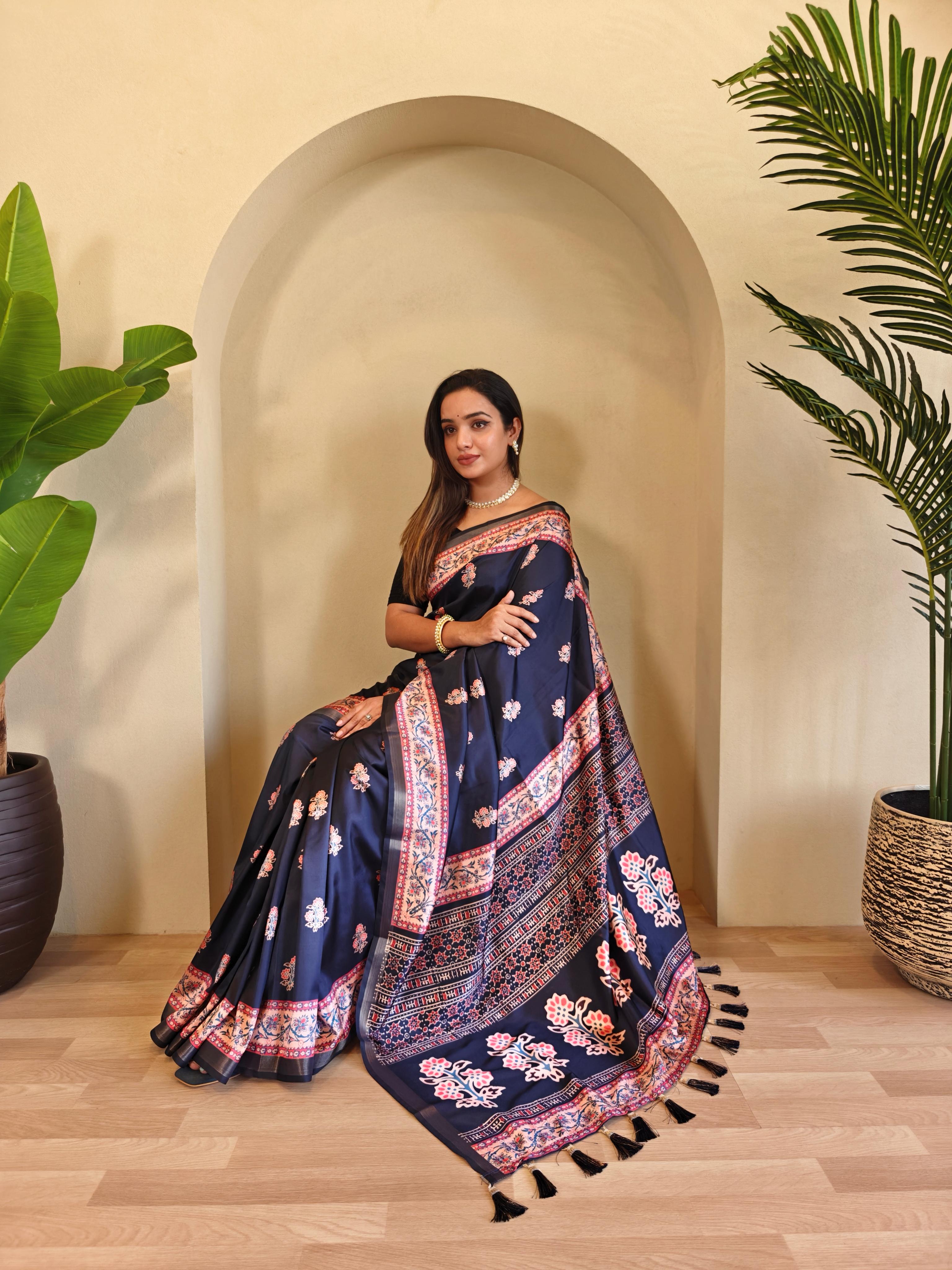 New Designer Pure Dola Viscose Navy Blue Saree With Premium Viscose Zari Patta With Unstiched Blouse Piece