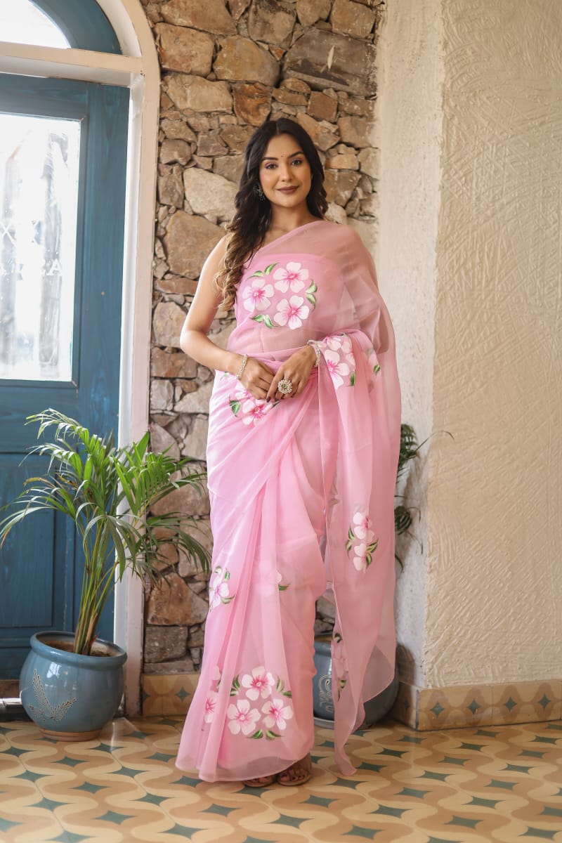 New One Minute Ready To Wear Pink Colour Pure Soft Georgette Multi Colour Flowered Design Saree With Pink Unstitched Blouse