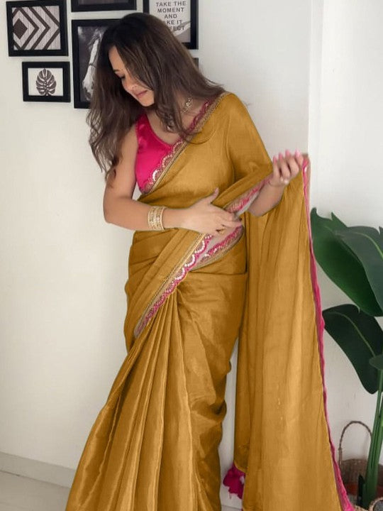 New designer Pure Errode Silk Gold Saree With Beautiful Pink Embroidery Lace Border With Same Modeling Embroidery Sequence Lace Border Blouse Piece