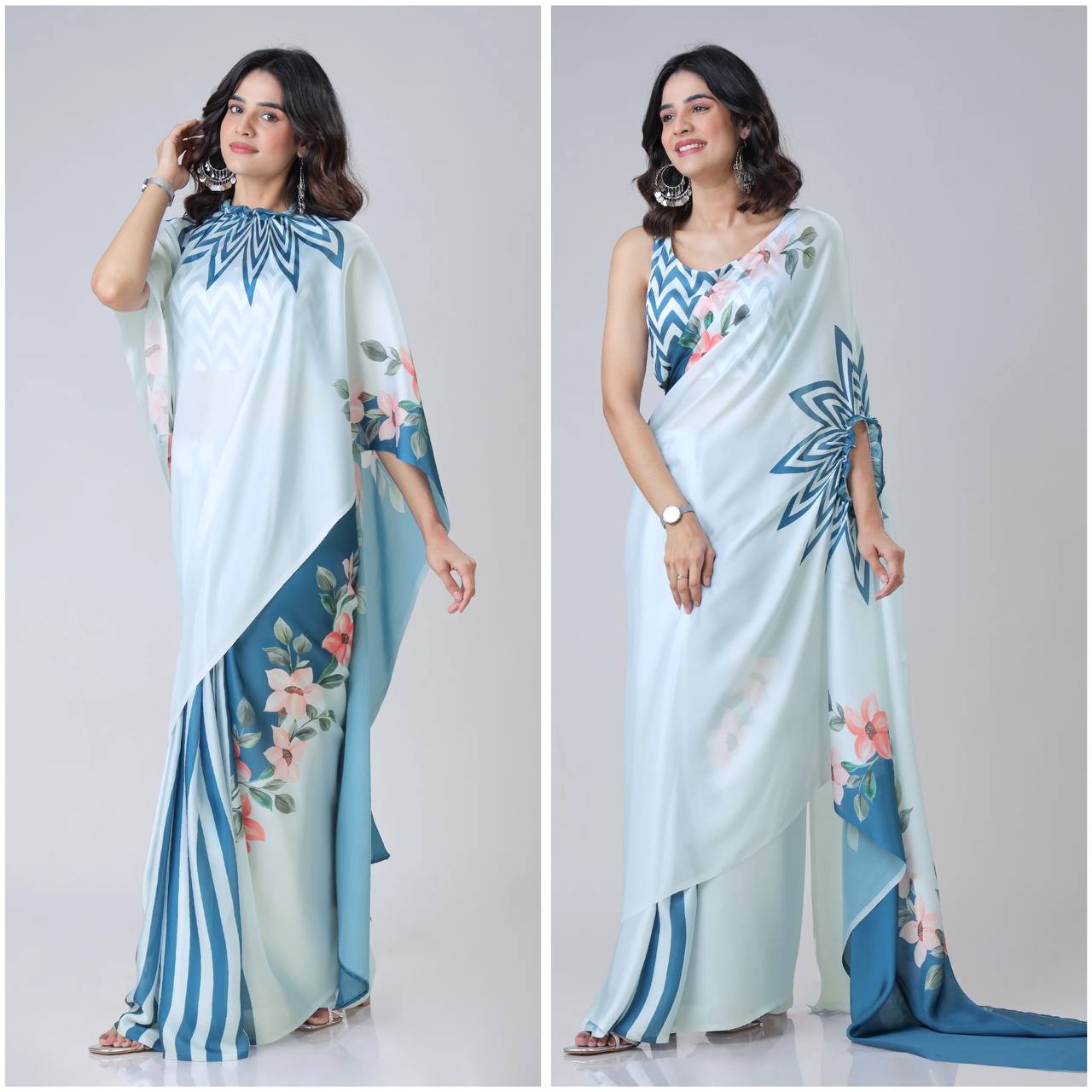 New One Minute Ready To Wear  Heavy Crepe Silk  Free Hand Saree With  Digital Print With Running Crepe Silk Unstiched Blouse Piece -  Pastel Blue