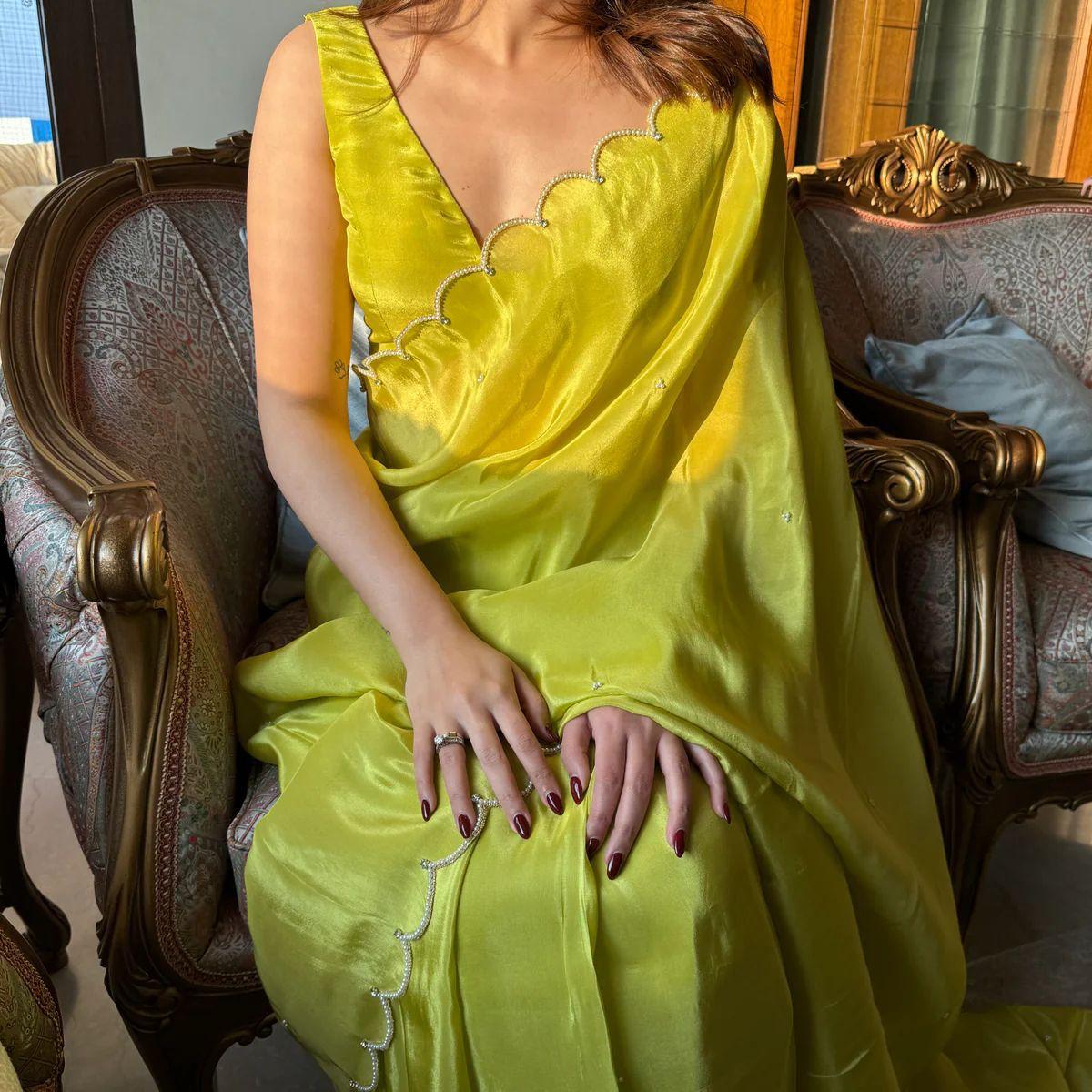 New One Minute Ready To Wear Pure Soft Chinnon Silk Saree With Same Colour stiched Blouse