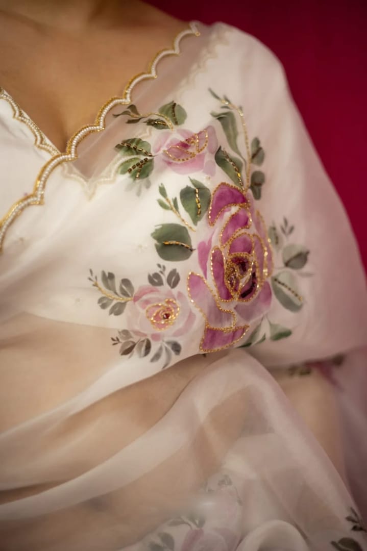 One Minute Ready To Wear Pure Soft Organza Silk White Saree With Moti and Val Work With Same Handworked Stiched Blouse