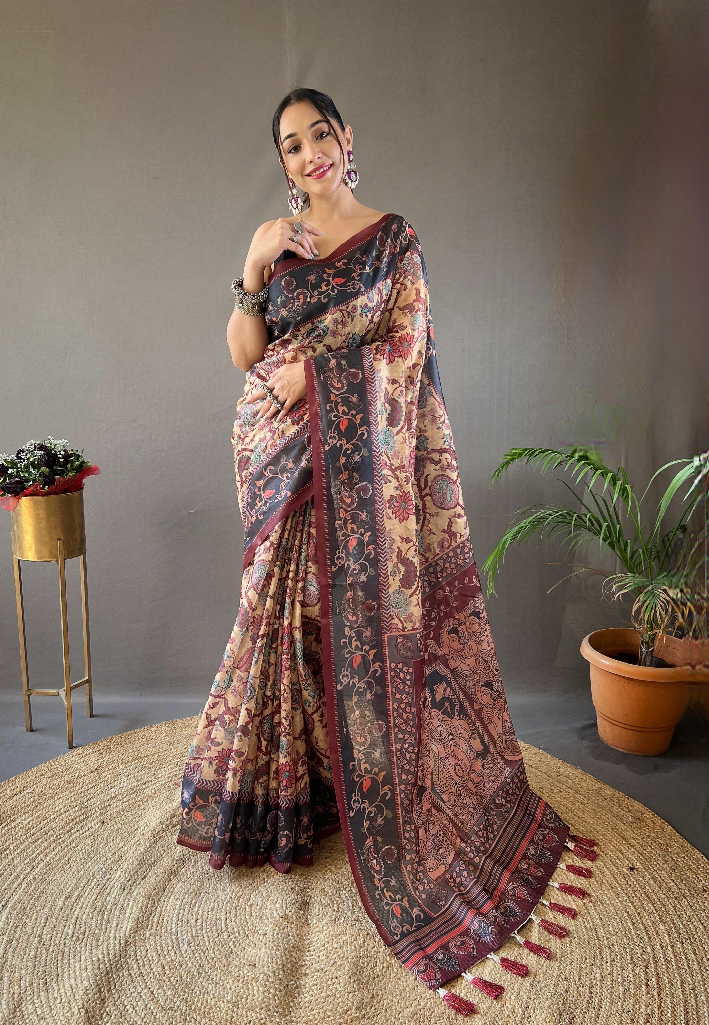 New Designer Soft Cotton Saree With Hand Picked Kalamkari Prints With Contrast Unstiched Blouse Piece - Yellow