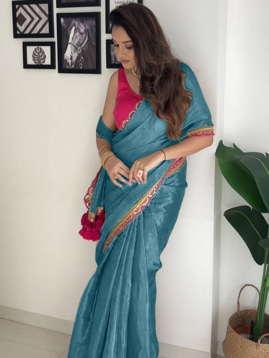 New designer Pure Errode Silk Rama Saree With Beautiful Embroidery Lace Border With Same Modeling Embroidery Sequence Lace Border Blouse Piece