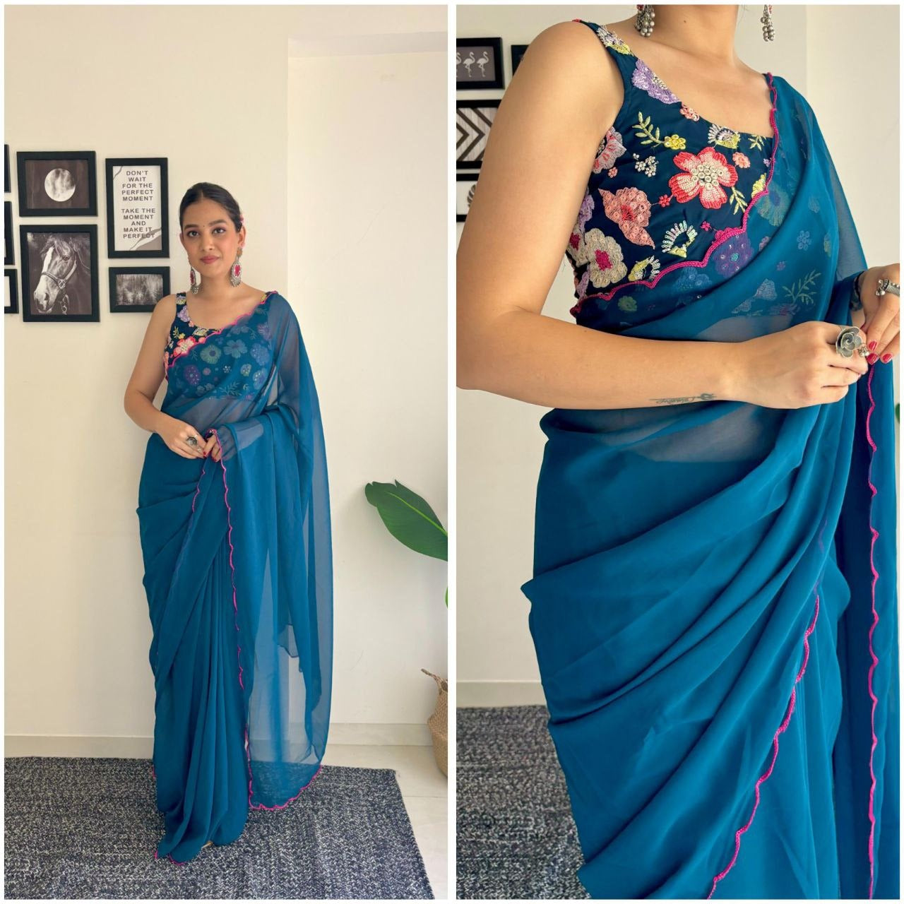 One Minute Ready To Wear Blue Petal Sapphire Pure Soft Georgette Silk Saree