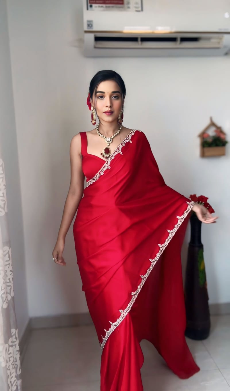 One Minute Ready To Wear Blazing Beauty The Art of the Red Saree with Stitch Blouse