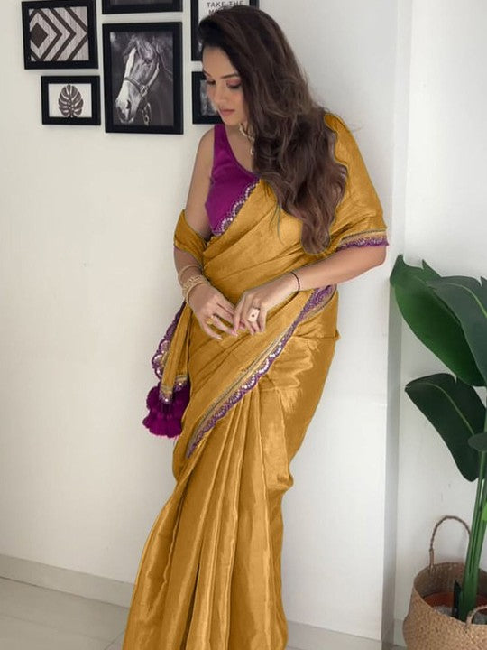 New designer Pure Errode Silk Gold Saree With Beautiful Dark Purple Embroidery Lace Border With Same Modeling Embroidery Sequence Lace Border Blouse Piece