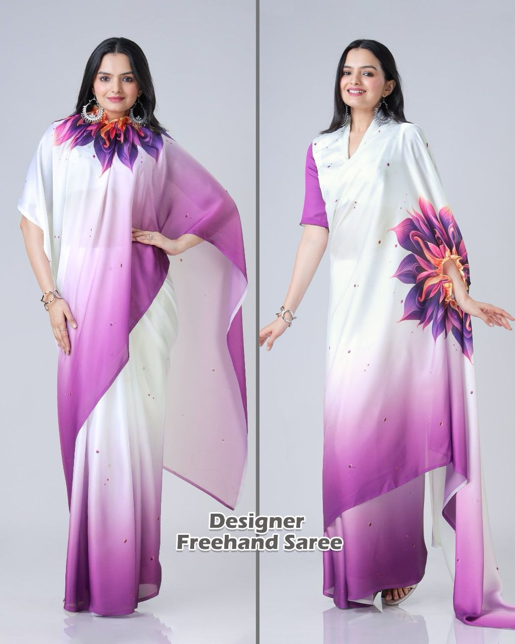New One Minute Ready To Wear  Heavy Crepe Silk  Free Hand Saree With Beautiful Digital Printed With Running Crepe Silk Unstiched Blouse Piece - Violete