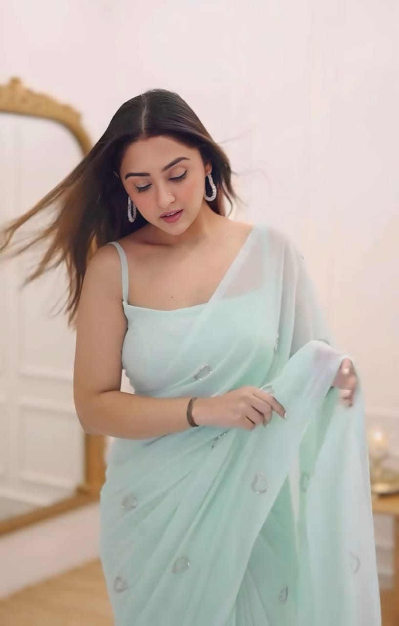 New One Minute Ready To Wear Pure Sky Blue Colour Georgette Silk Saree With Beautiful Hand Work Heart Design With Same Model Full Stiched Blouse