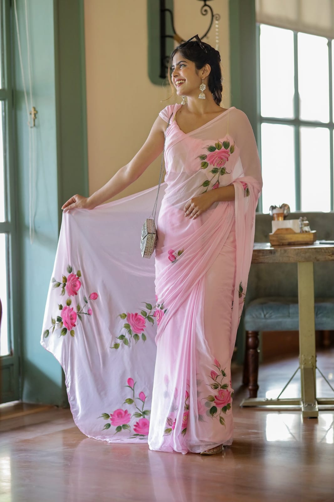 New One Minute Ready To Wear Pink Colour Pure Soft Georgette Pink Colour Flowered Design Saree With Pink Unstitched Blouse