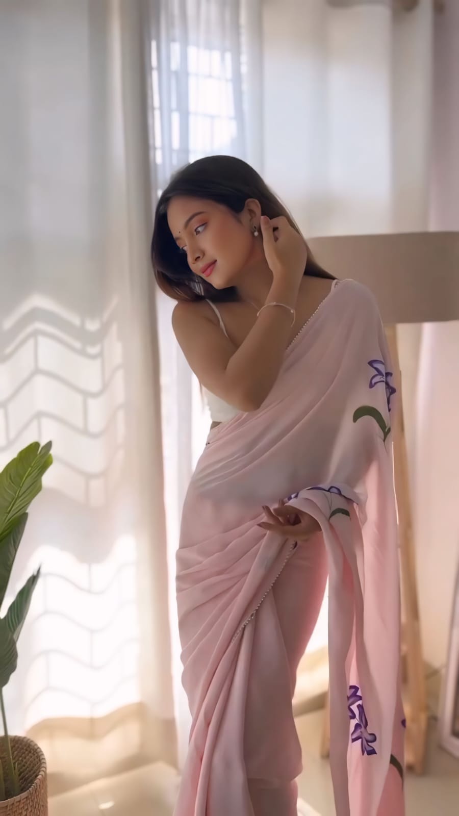 New One Minute Ready To Wear Pure Soft Georgette Silk Flower Designed Pink Saree With Same Model  Unstiched Blouse Piece