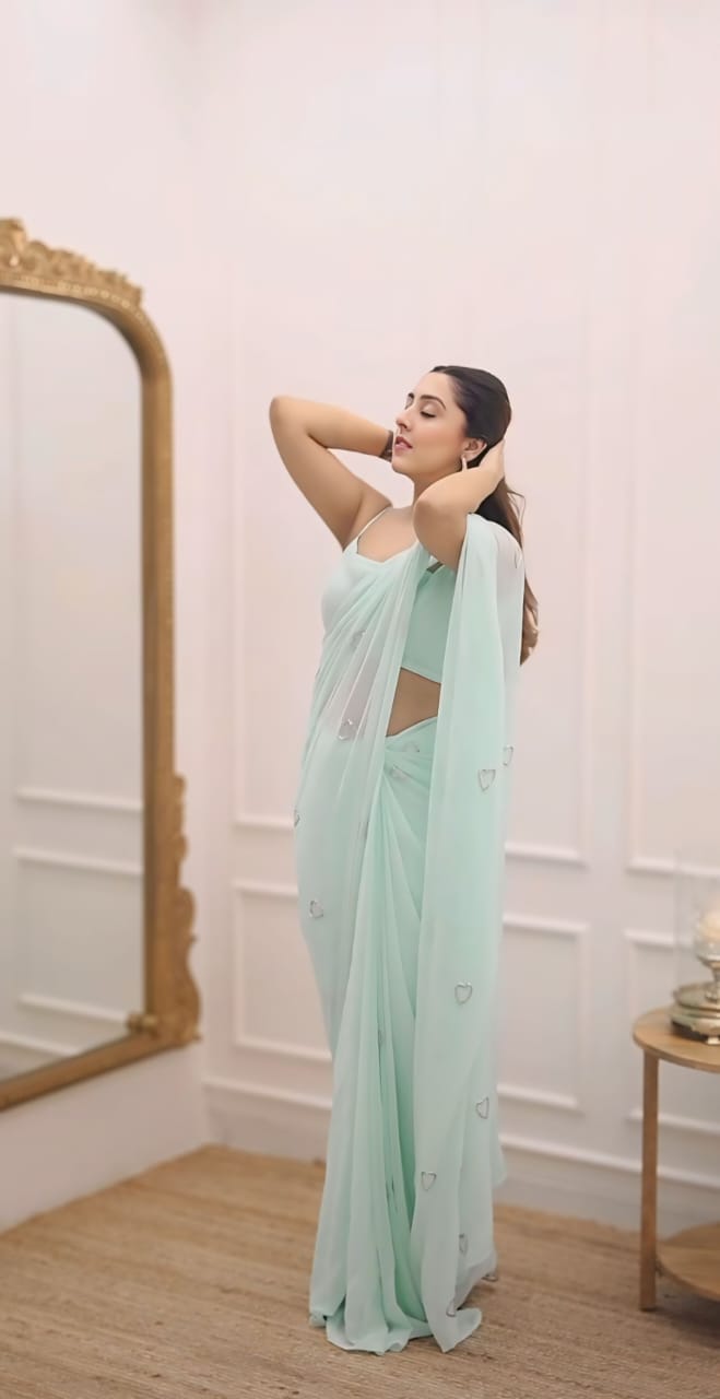 New One Minute Ready To Wear Pure Sky Blue Colour Georgette Silk Saree With Beautiful Hand Work Heart Design With Same Model Full Stiched Blouse