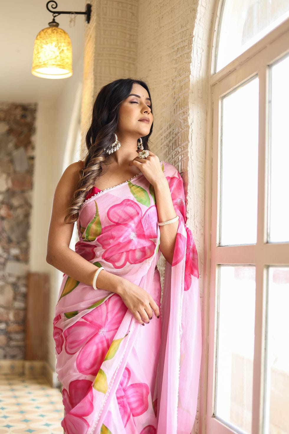 New One Minute Ready To Wear Pure Soft Georgette Silk Pink Flower Designed Saree With Same Model  Unstiched Blouse Piece