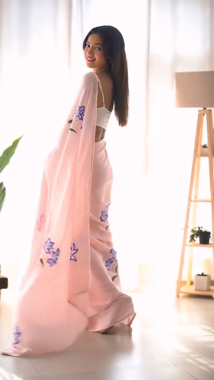 New One Minute Ready To Wear Pure Soft Georgette Silk Flower Designed Pink Saree With Same Model  Unstiched Blouse Piece