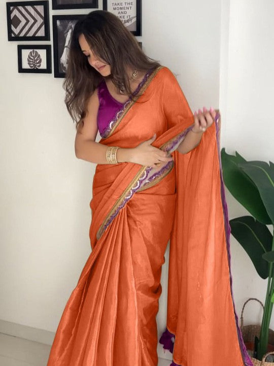 New designer Pure Errode Silk Orange Saree With Beautiful Embroidery Lace Border With Same Modeling Embroidery Sequence Lace Border Blouse Piece