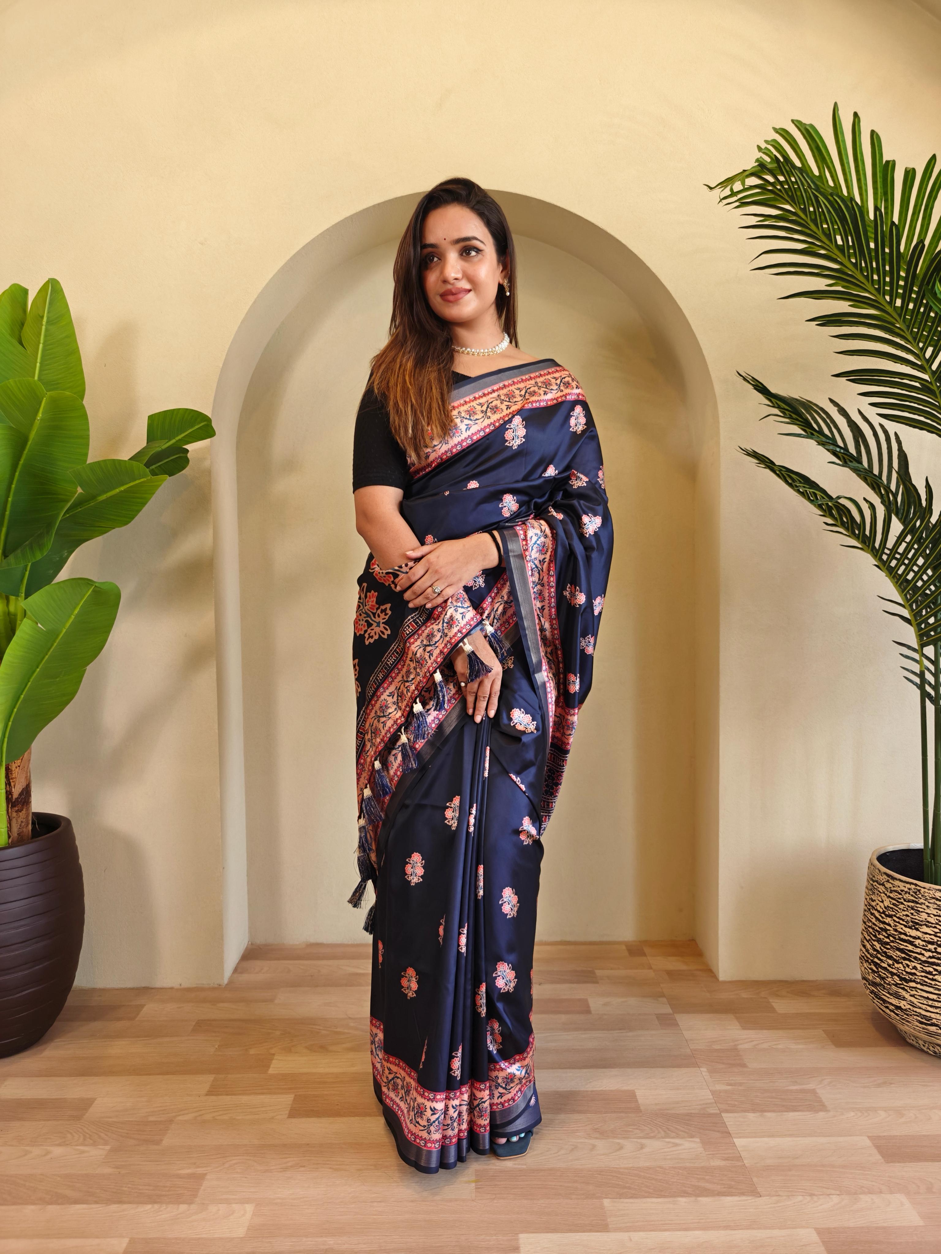New Designer Pure Dola Viscose Navy Blue Saree With Premium Viscose Zari Patta With Unstiched Blouse Piece