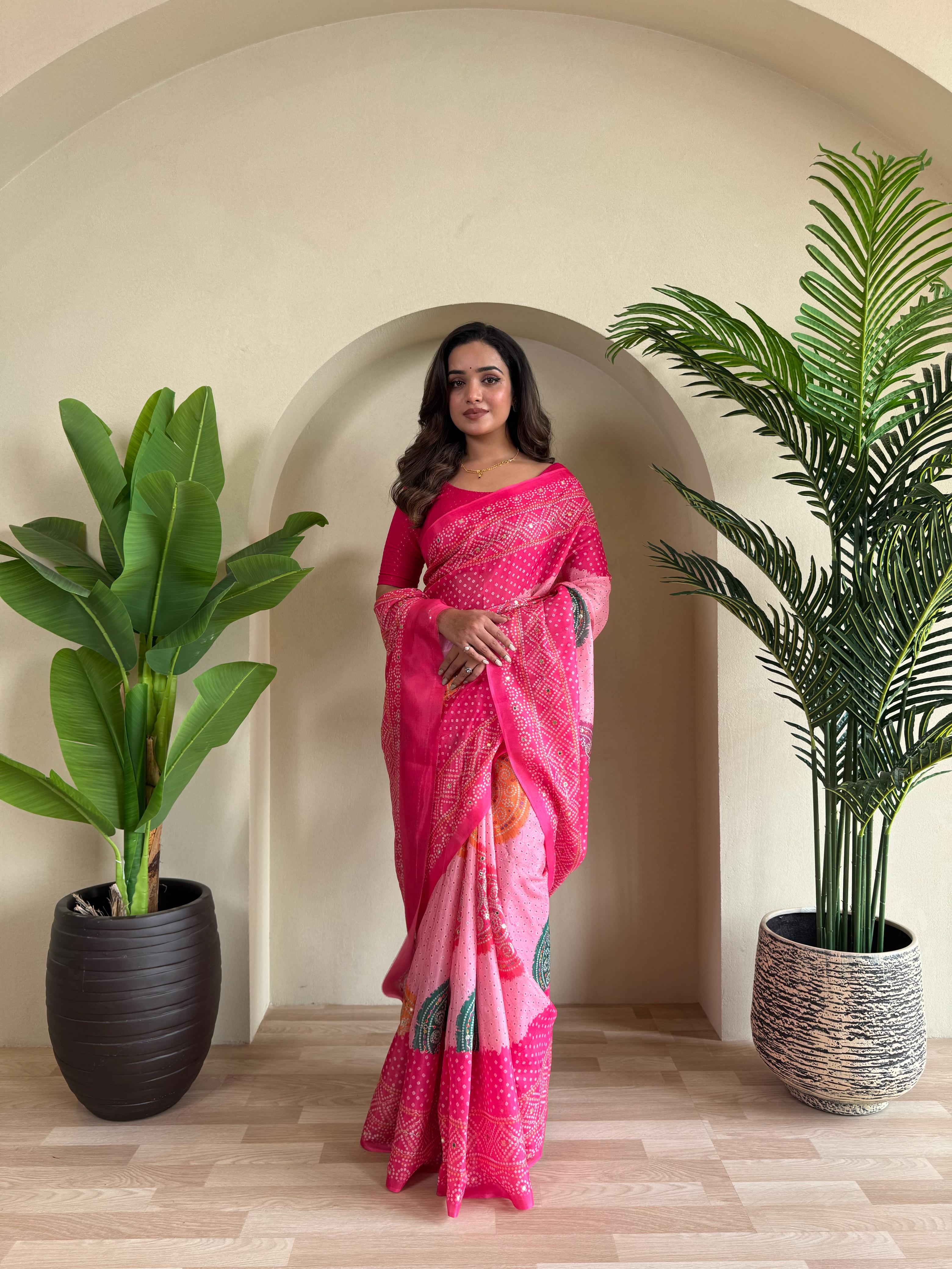 New Designer Tissue Silk Weaving Dual Pink Shade Saree With Contras Printed Embroidery Work Unstiched Blouse Piece