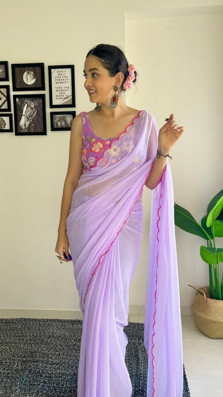 One Minute Ready To Wear Majestic Purple Drapery Pure Soft Georgette Silk Saree