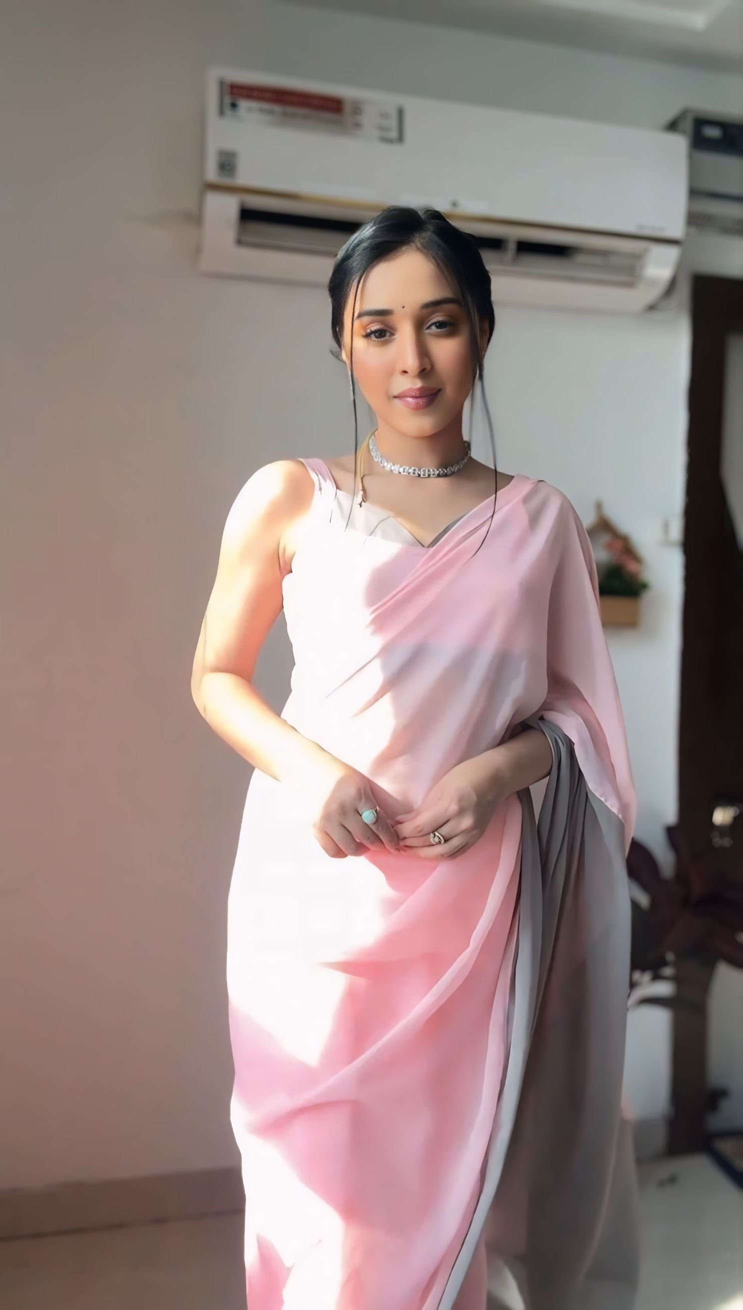 New One Minute Ready To Wear Pink And Grey Pure Soft Georgette Silk Saree With Same Colour Unstiched Blouse Piece