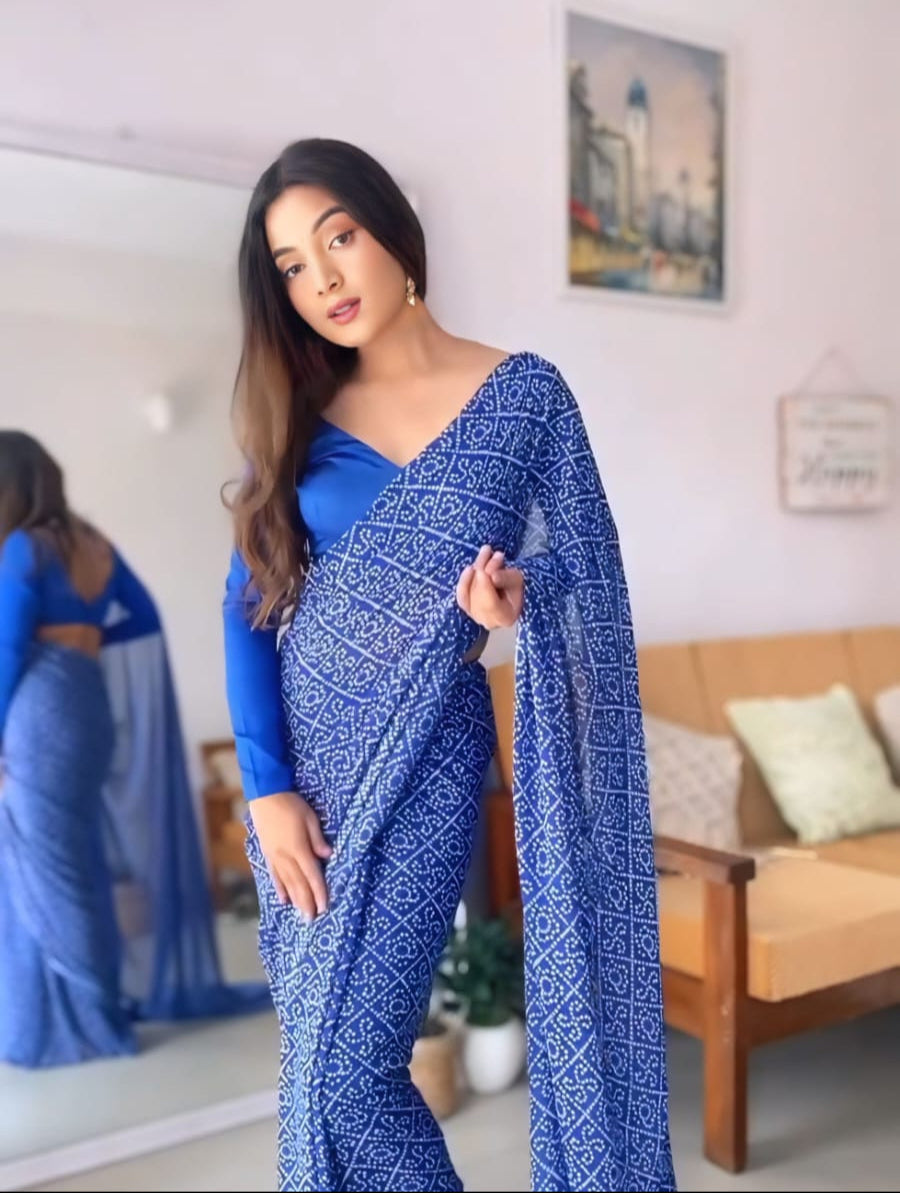 New One Minute Ready To Wear Pure Soft Georgette Silk Bandhani Designed Blue Saree With Same Model  Unstiched Blouse Piece
