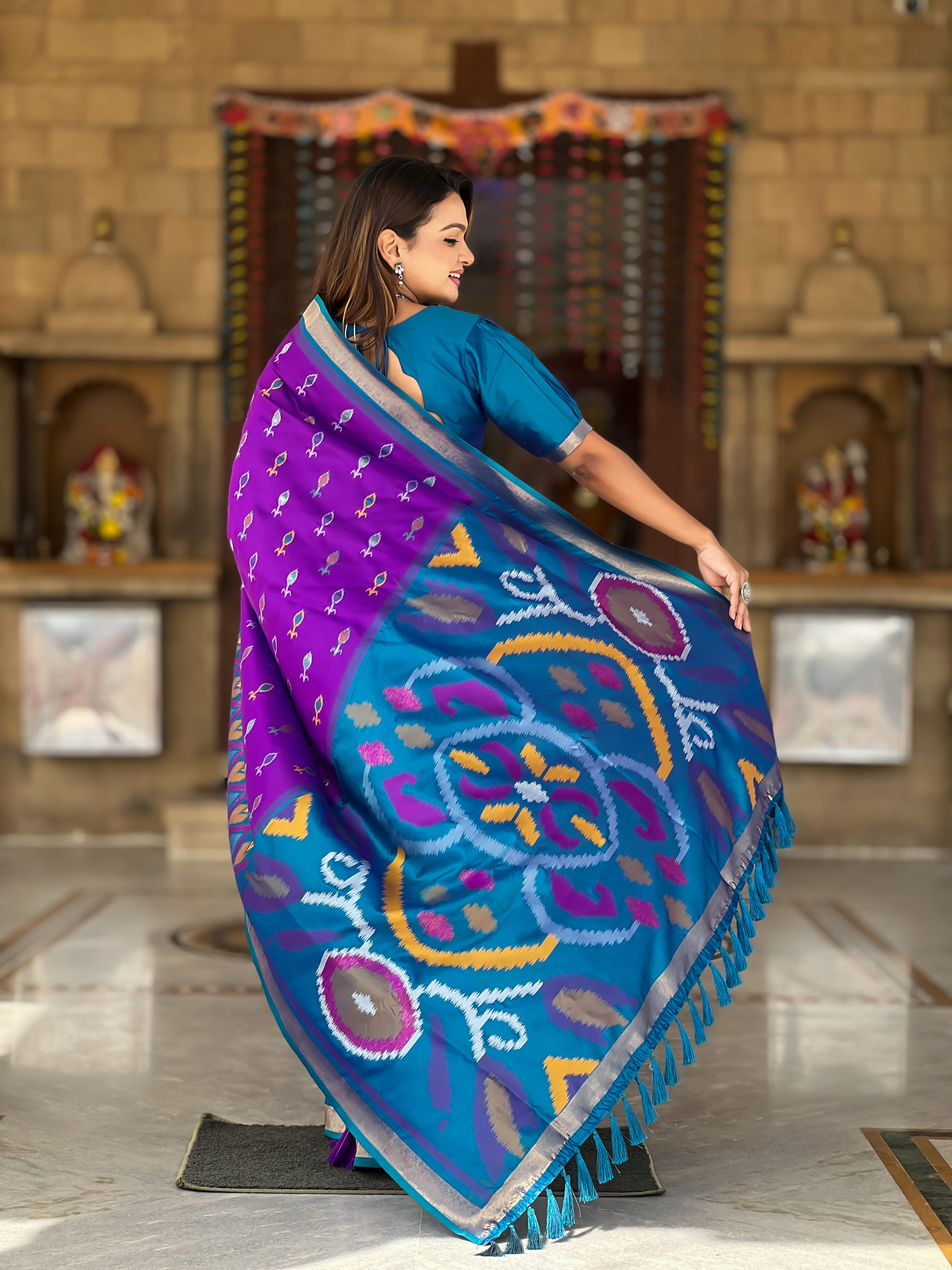 New Designer Ikkat And Patola Weaving Concept Dark Purple Silk Saree With Contrast Rich Pallu And Unstiched Blouse Piece