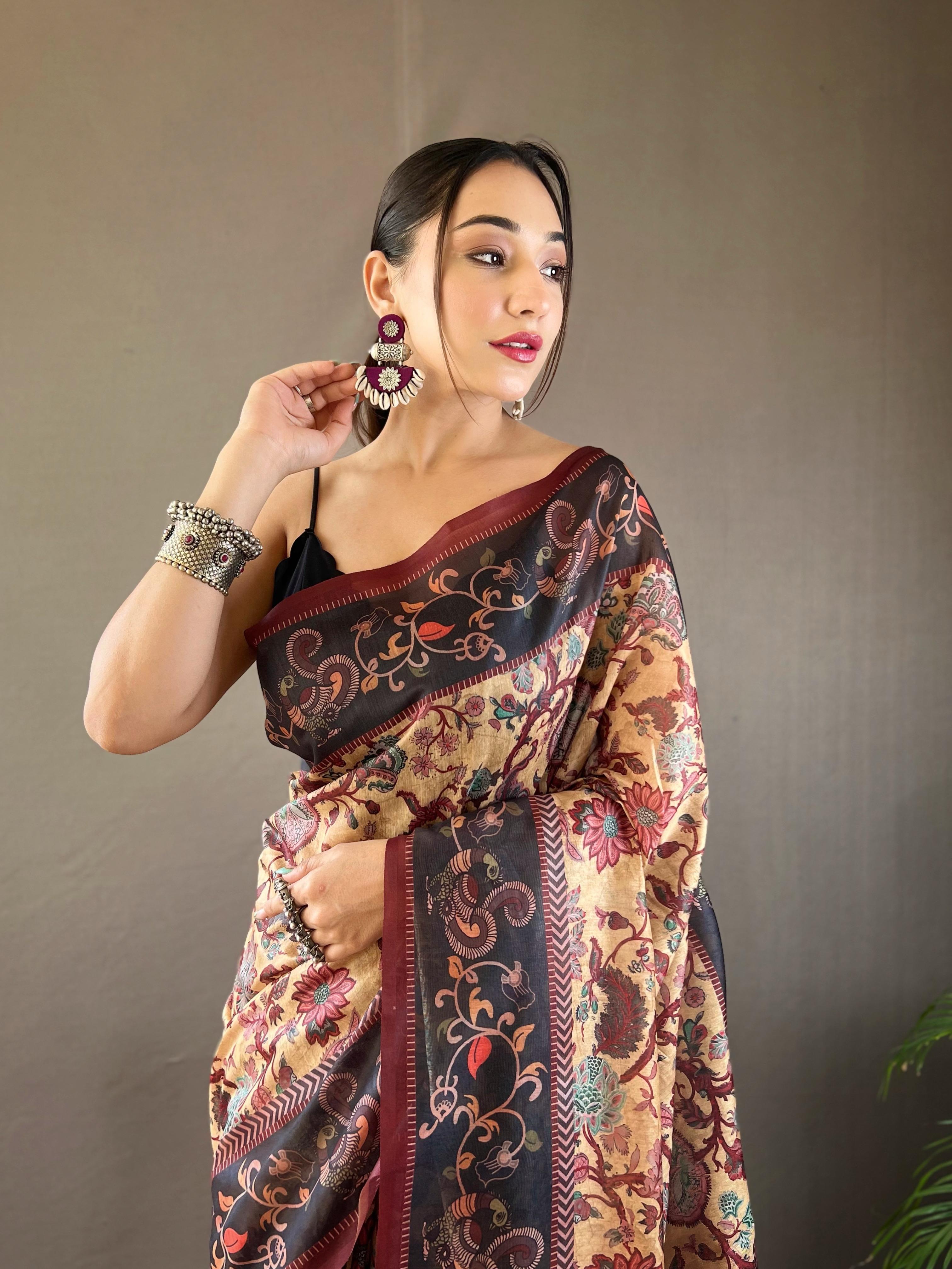 New Designer Soft Cotton Saree With Hand Picked Kalamkari Prints With Contrast Unstiched Blouse Piece - Yellow