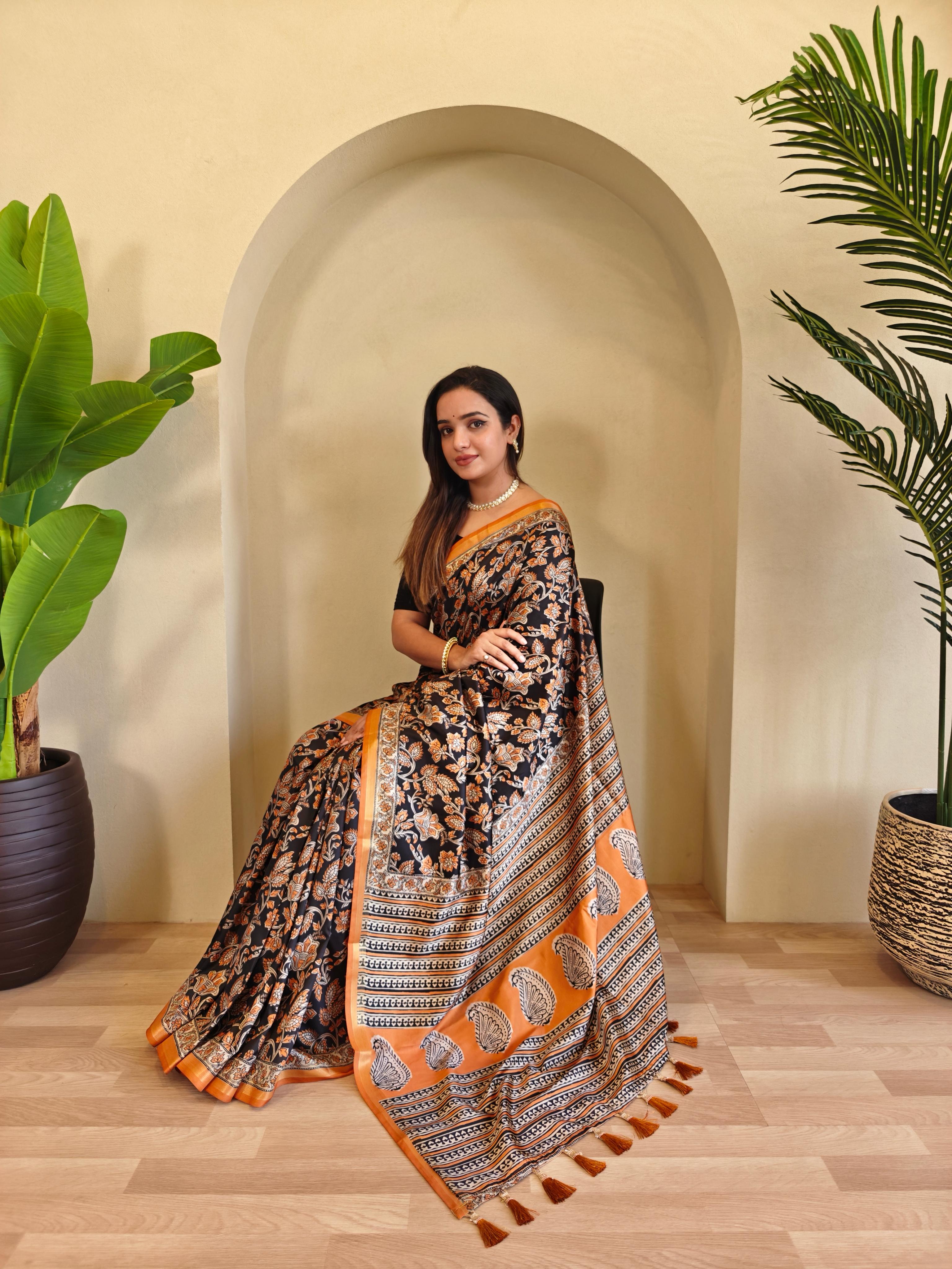 New Designer Pure Dola Viscose Orange Bodered Saree With Premium Viscose Zari Patta With Unstiched Blouse Piece