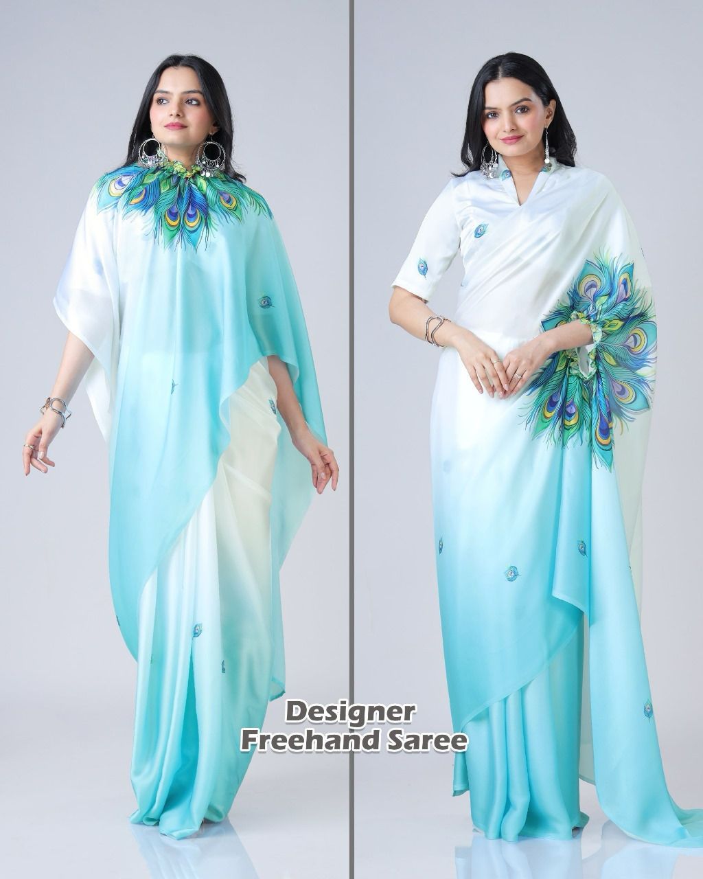 New One Minute Ready To Wear  Heavy Crepe Silk  Free Hand Saree With Beautiful Peacock Feather Digital Printed With Running Crepe Silk Unstiched Blouse Piece - Sea Blue