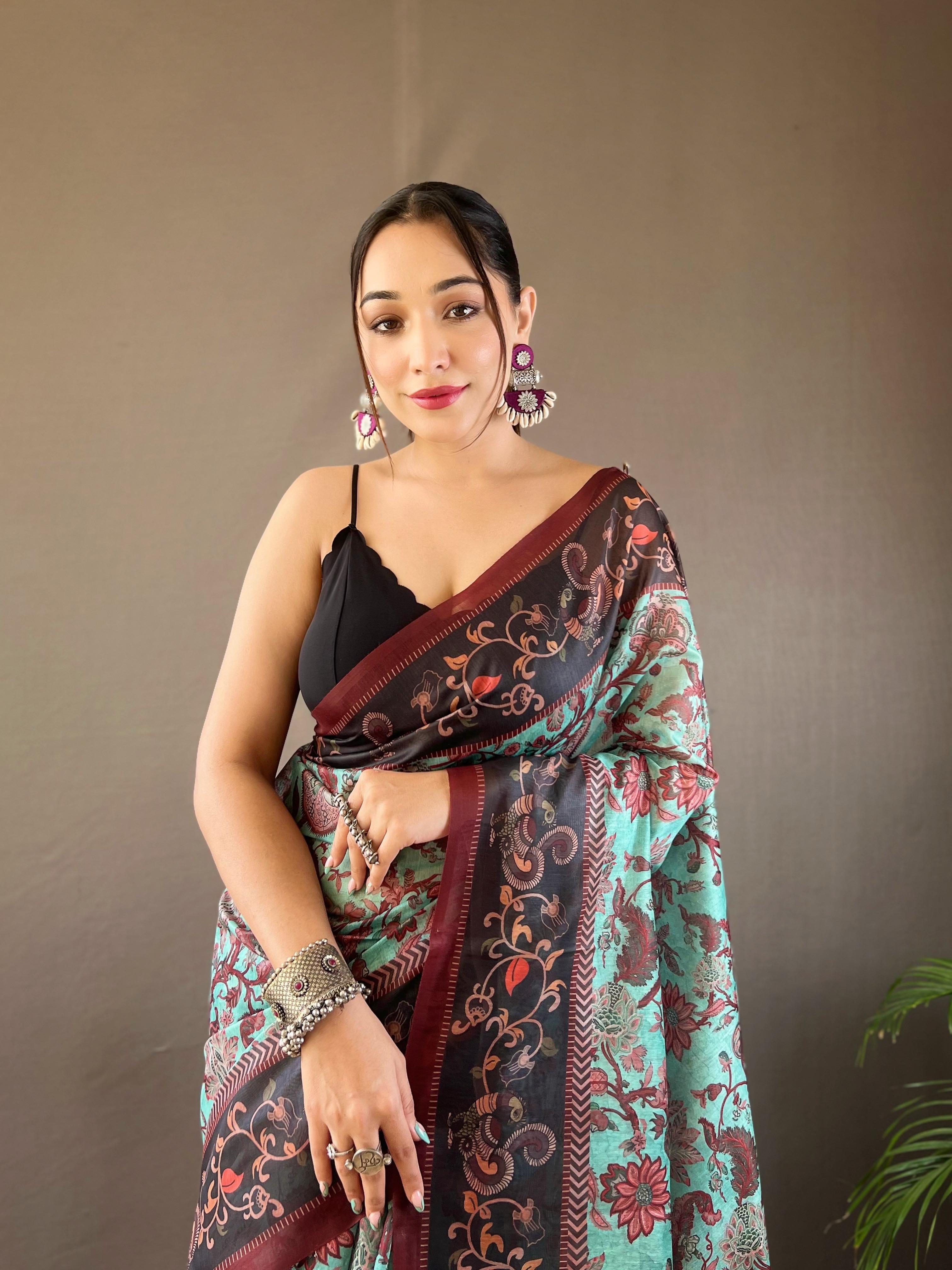 New Designer Soft Cotton Saree With Hand Picked Kalamkari Prints With Contrast Unstiched Blouse Piece - Pastel Dark Green