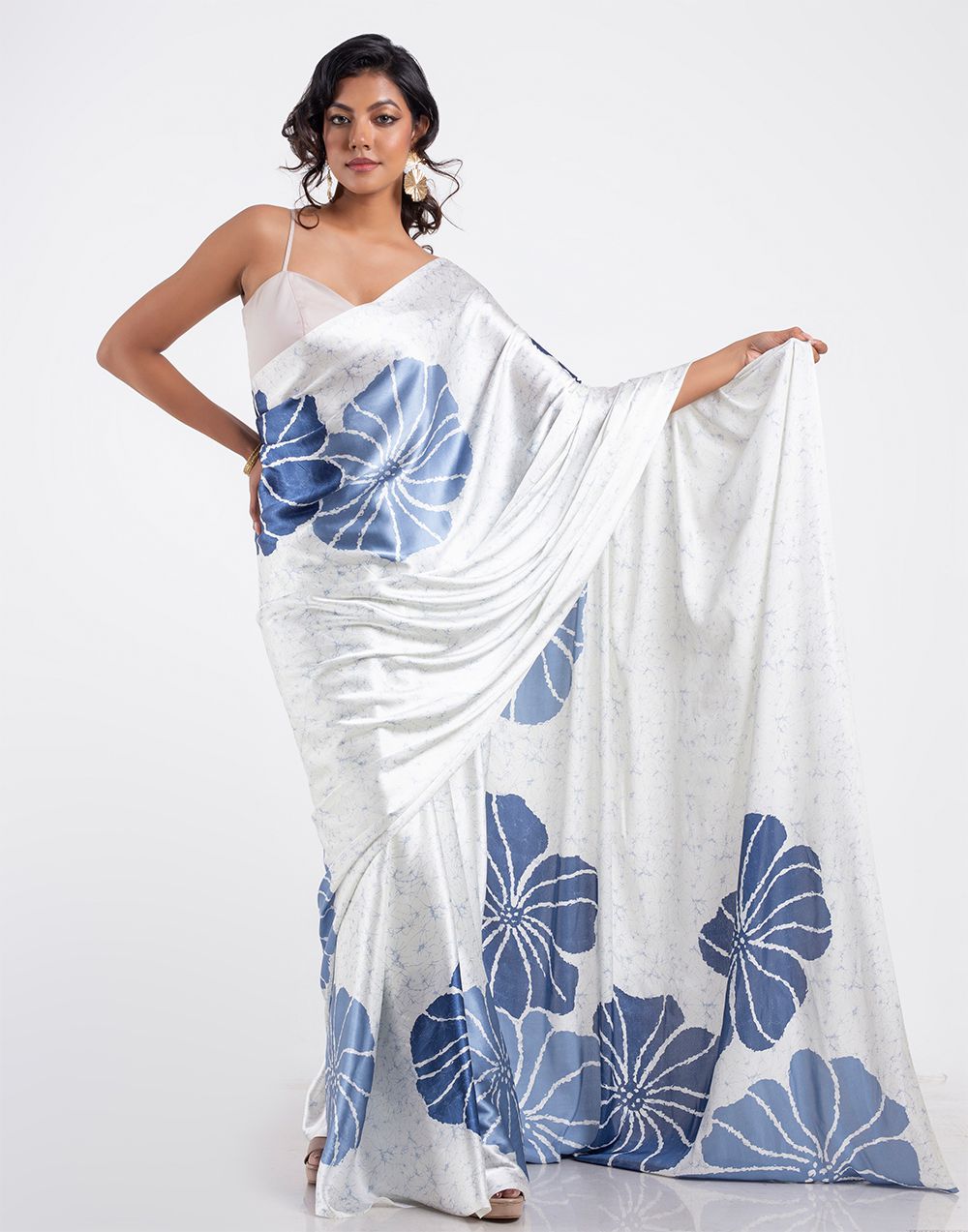 New Designer Original Japan Satin Devsena Saree With Flowered Digital Print With Digital Printed Unstiched Blouse Piece - White