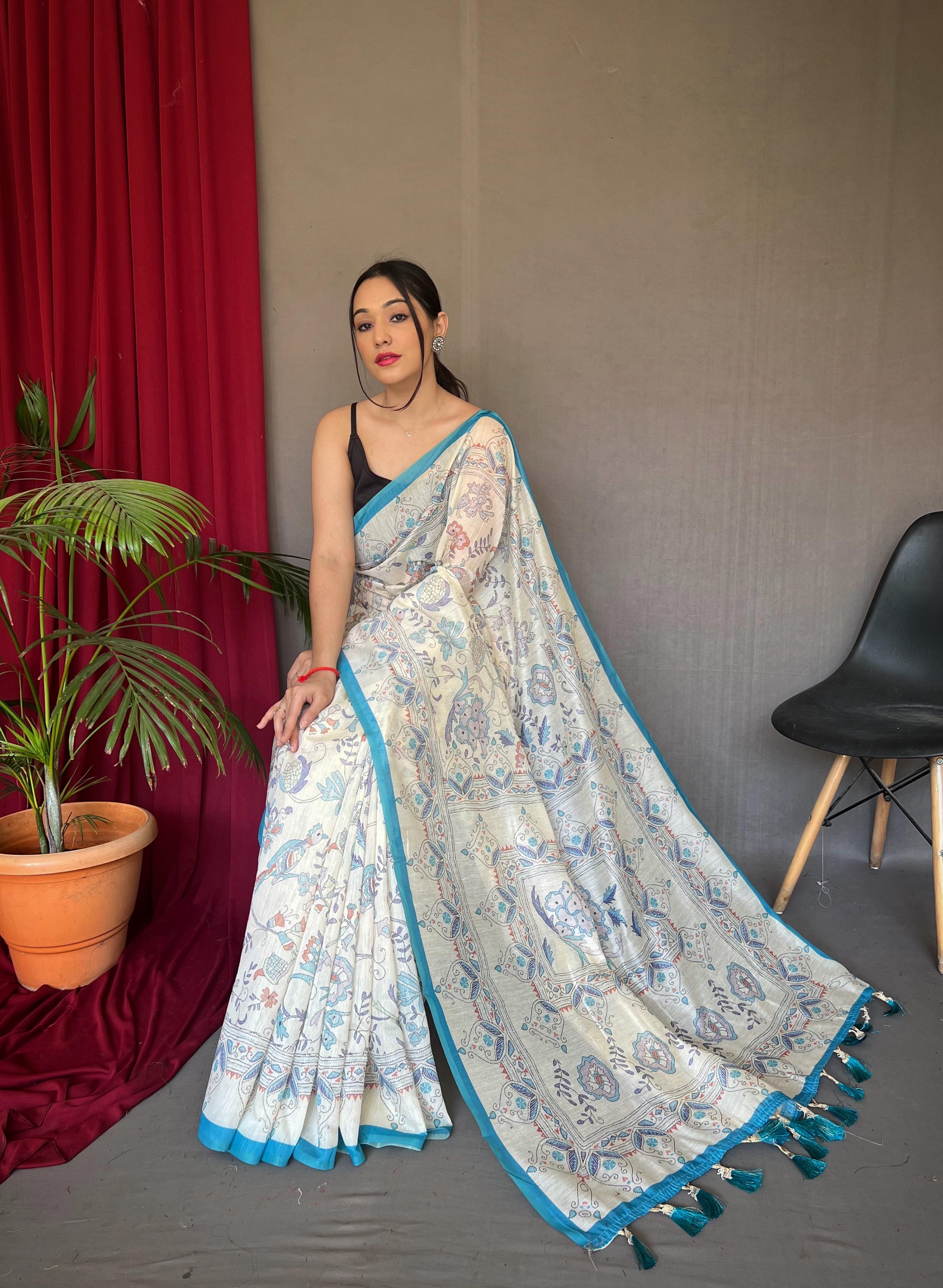 New Designer Pure Soft Malai Cotton Katha Printed Saree With Contrast Border And Printed Unstiched Blouse Piece - Sky Blue