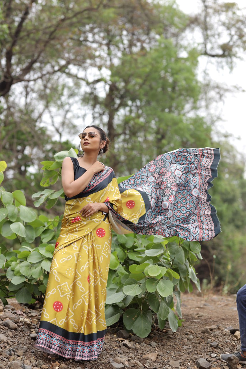 New Designer Original Japan Satin Devsena Saree With Digital Print With Digital Printed Unstiched Blouse Piece