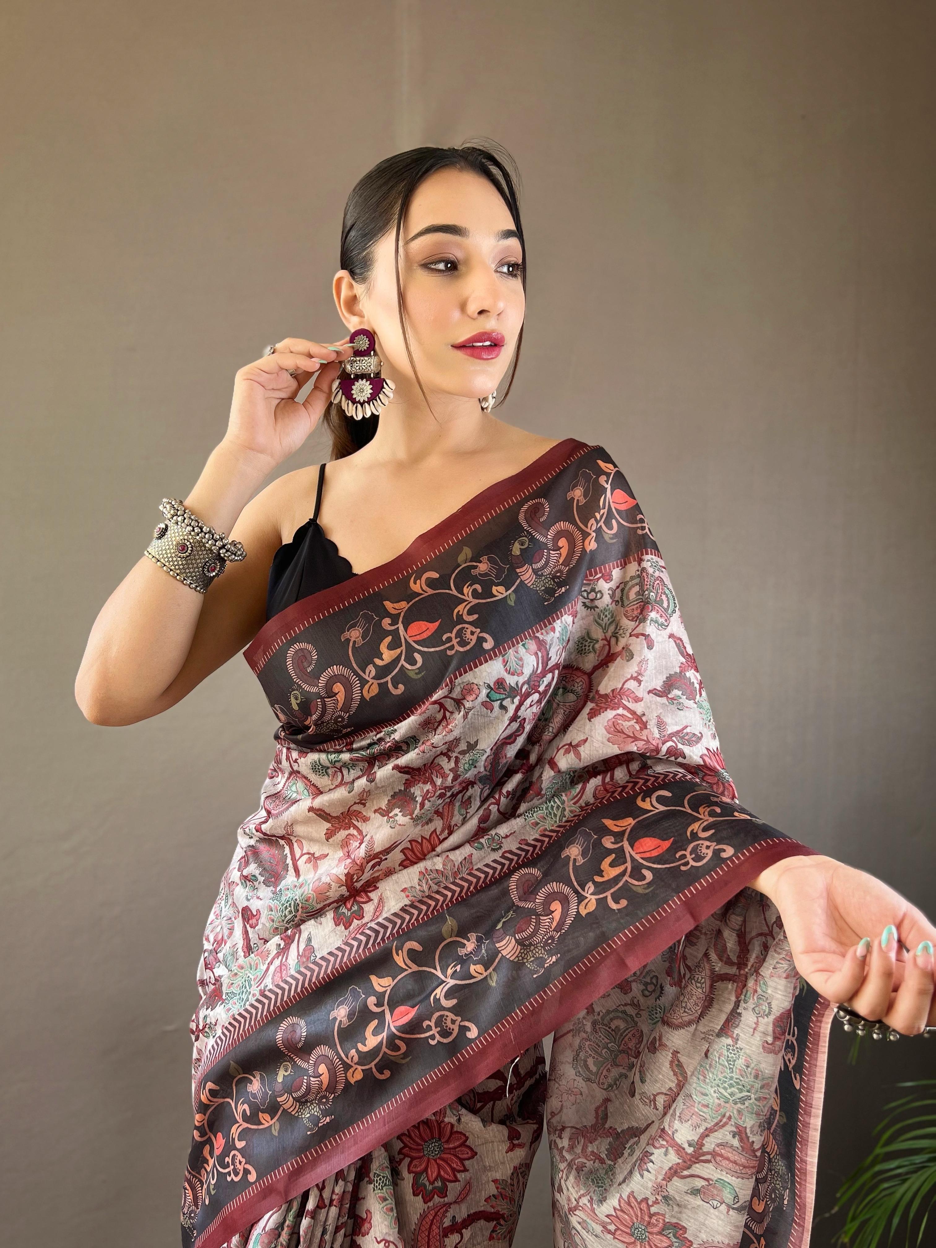 New Designer Soft Cotton Saree With Hand Picked Kalamkari Prints With Contrast Unstiched Blouse Piece - Grey