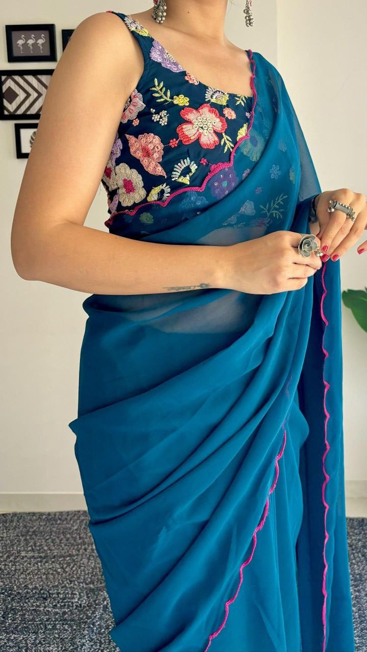 One Minute Ready To Wear Blue Petal Sapphire Pure Soft Georgette Silk Saree